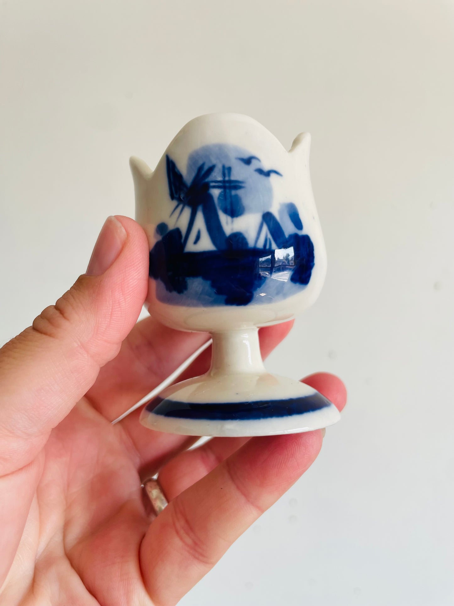 Vintage Hand Painted Delft Blue Tulip Shaped Egg Cup Holders with Flower & Windmill Design - Set of 6