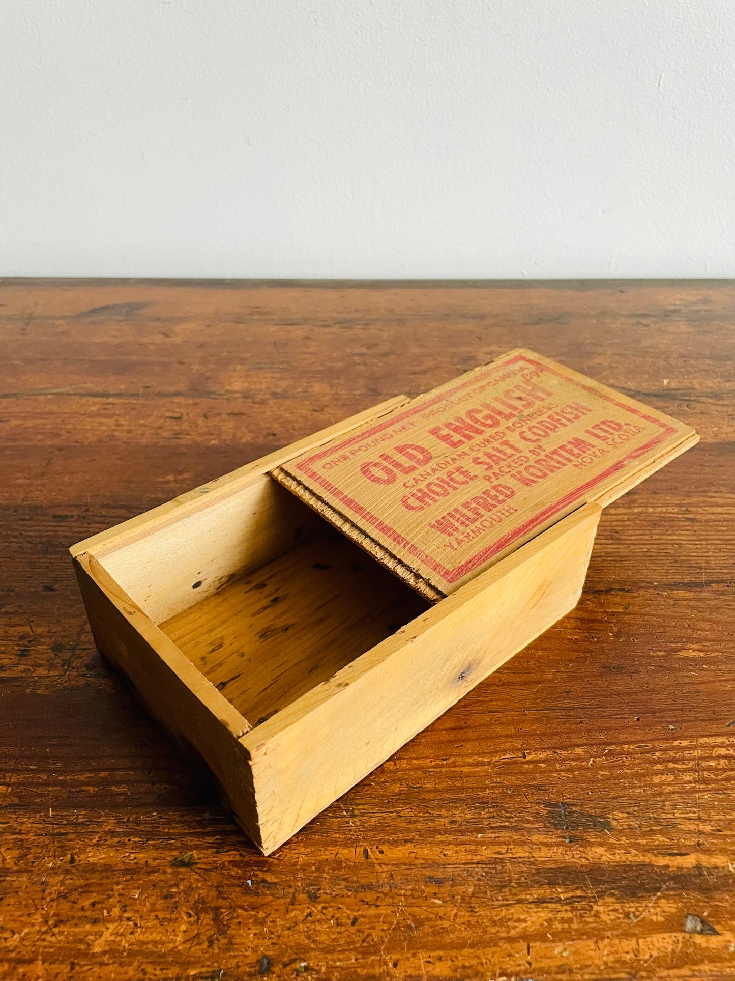 Old English Choice Salt Codfish Wood Box with Sliding Lid - One Pound Net - Packed by Wilfred Koritem Ltd. Yarmouth Nova Scotia