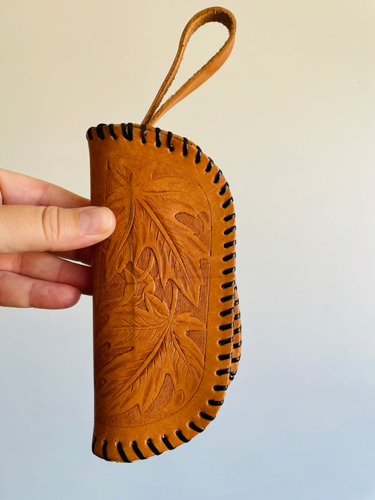 Tooled Leather Zippered Pouch Case with Leaf Design