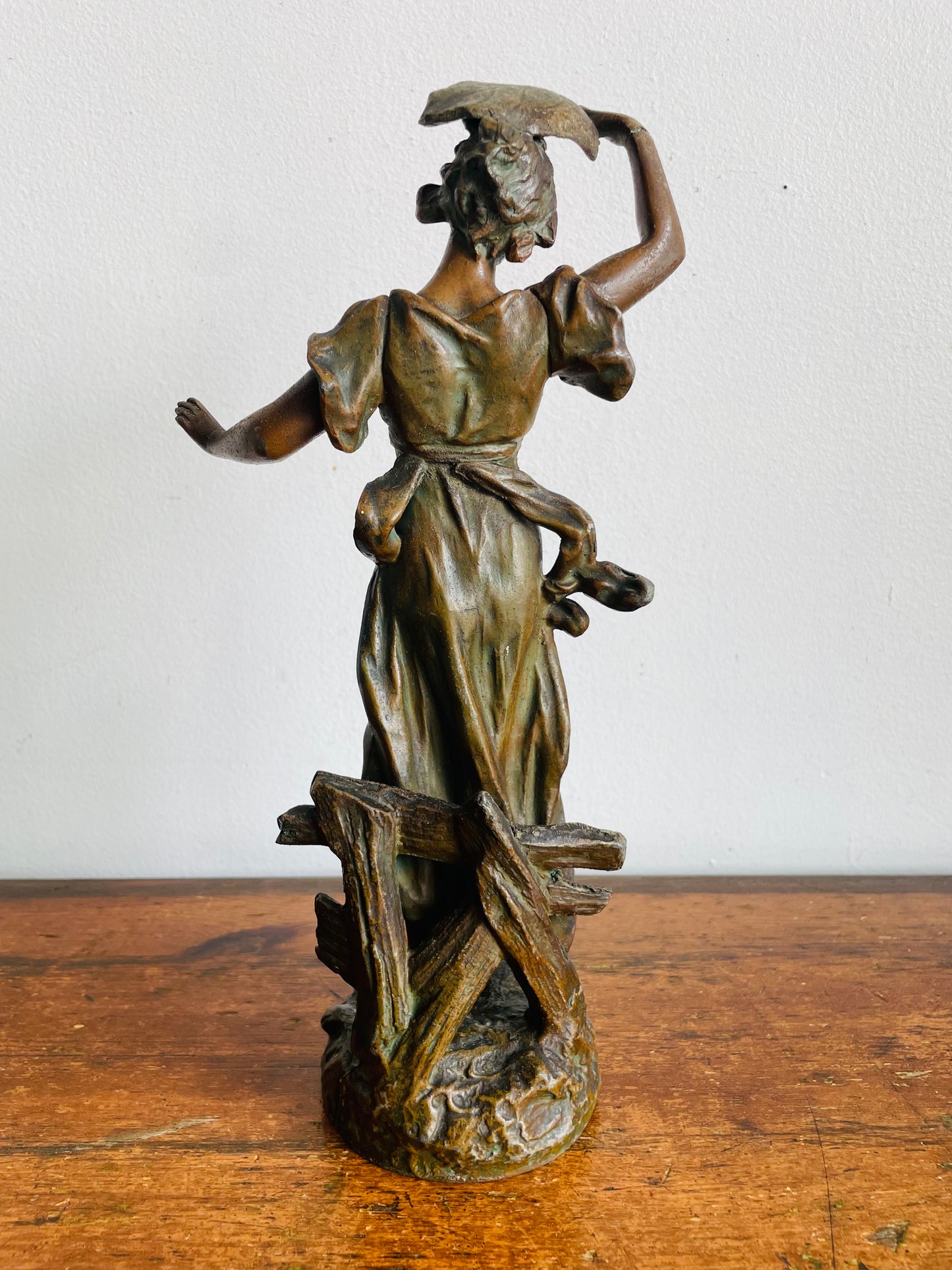Vintage Art Nouveau Spelter Zinc Sculpture Statue with Bronze Patina - Playful Woman in Dress Frolicking with Leaf - Auguste Moreau Style - Please Read Note