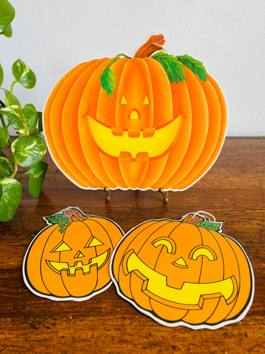 Vintage Collection of Happy Halloween Jack-o-Lantern Pumpkin Cardboard Cutout Decorations - Set of 3