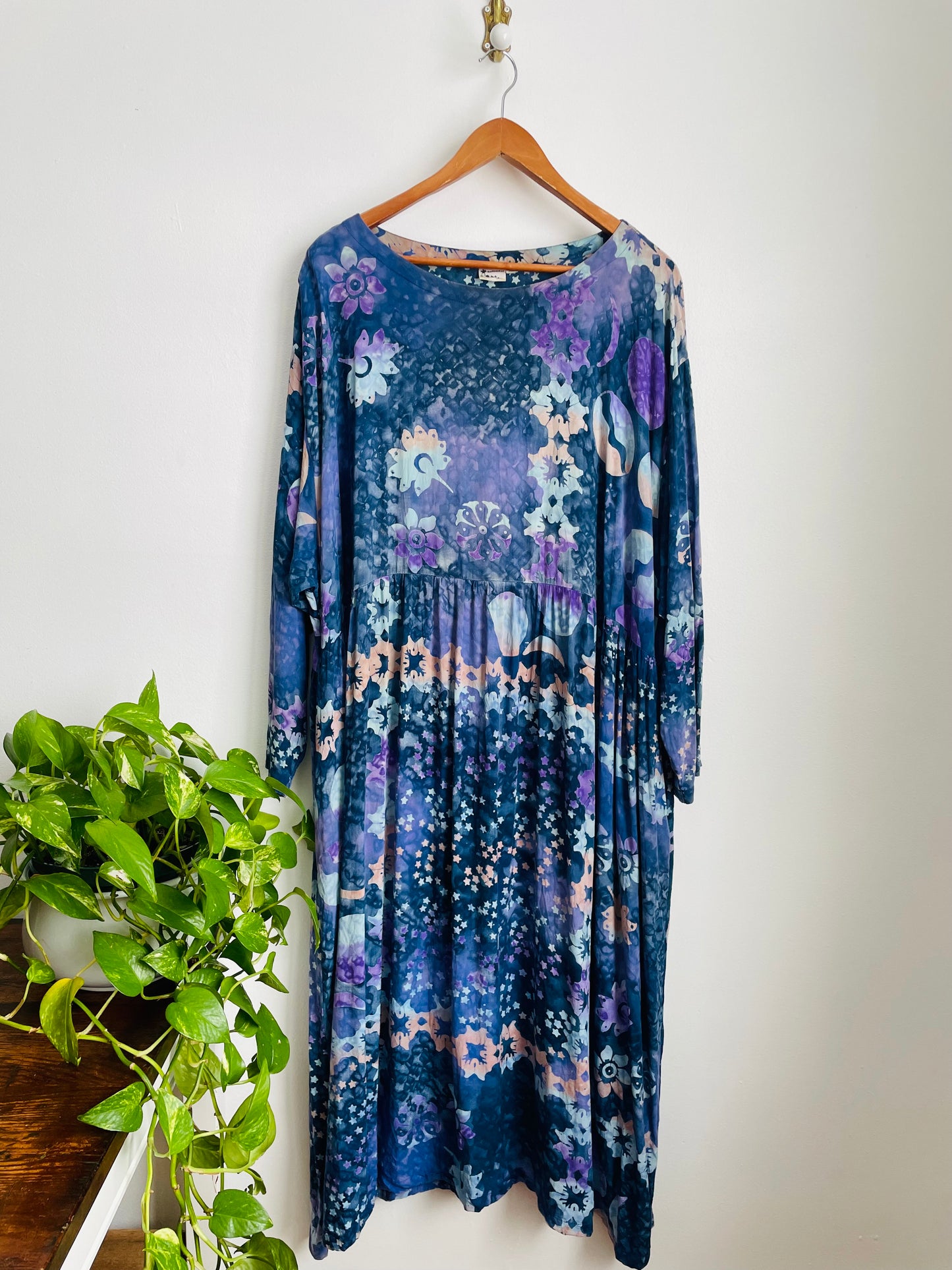 100% Rayon Maxi Dress with Pockets & Batik-Style Celestial Design - Made in Indonesia - Fits up to Size 4x