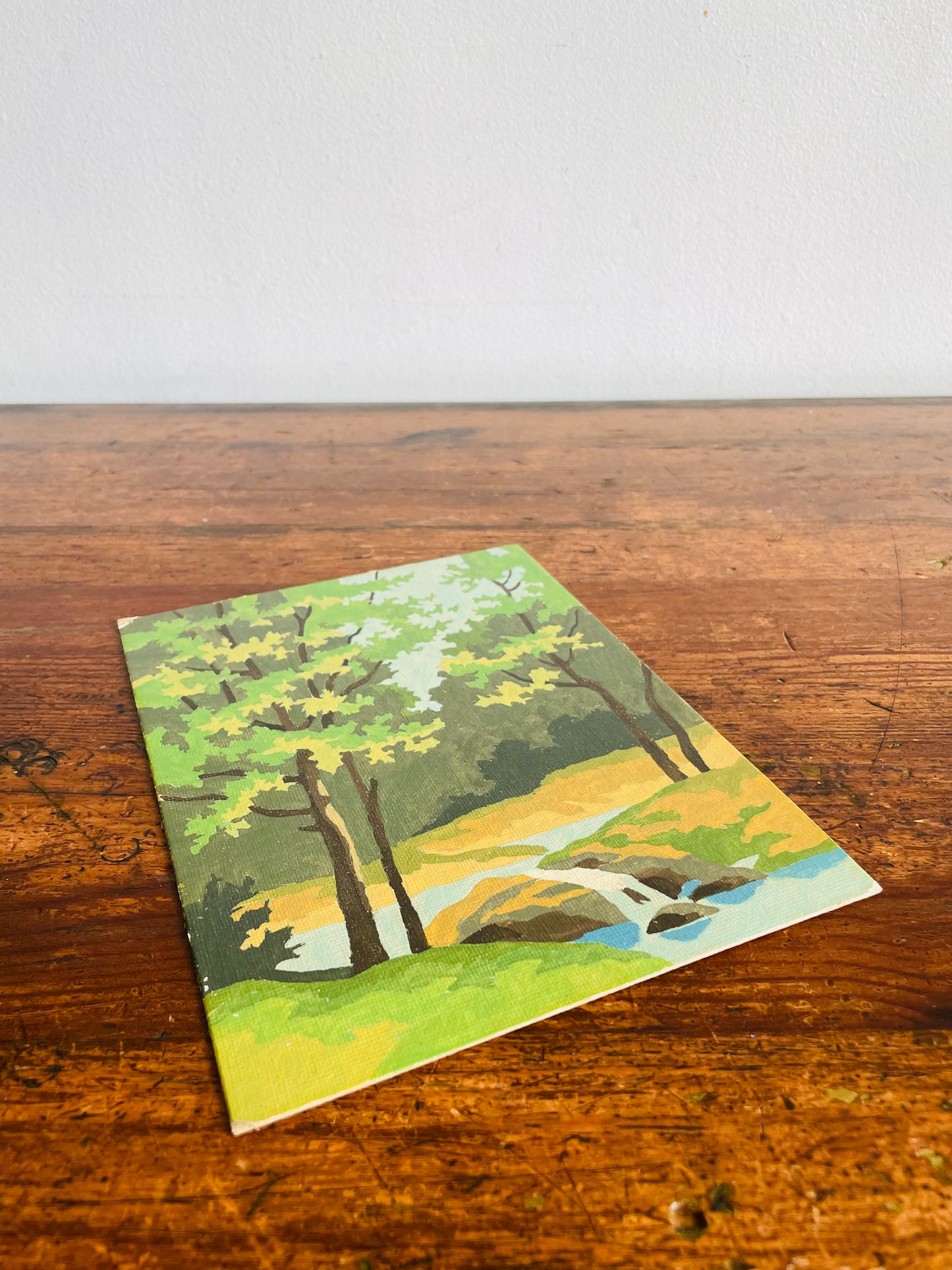 Vintage 1960s Paint by Number (PBN) Picture on Board of River & Mini Waterfall Through Forest - 6" x 8"