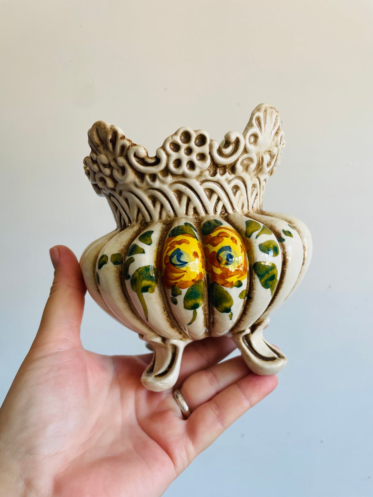 Vintage Belfor Hand Painted Italian Pottery Planter Pot with Floral Design - Made in Italy