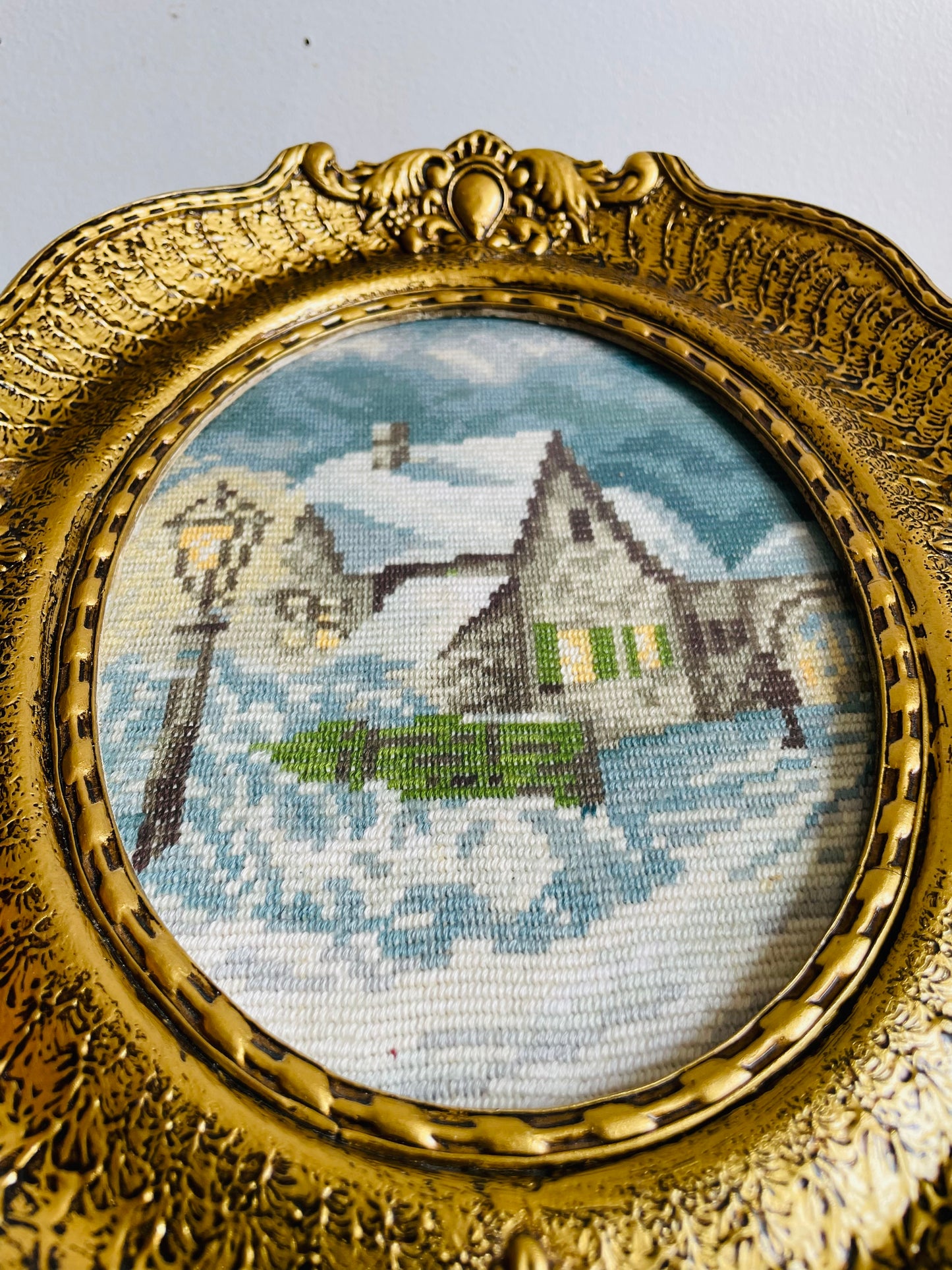 Needlepoint Embroidery Picture of Winter Night & House Scene in Ornate Gold Frame