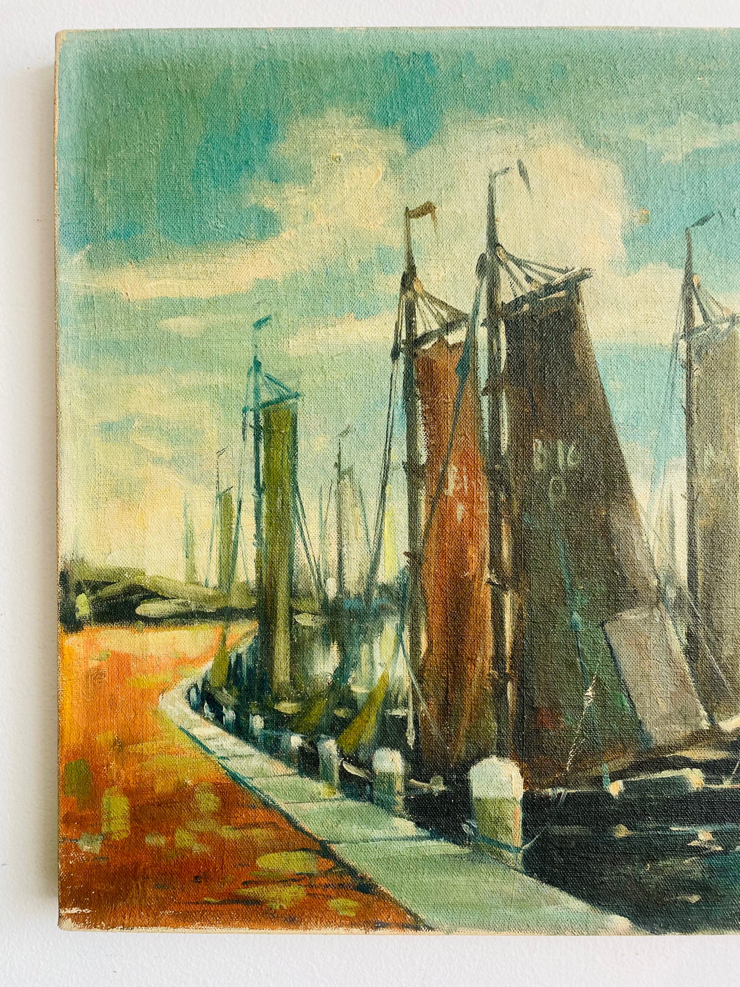 Vintage Original Art Nautical Painting of Ships in Harbour