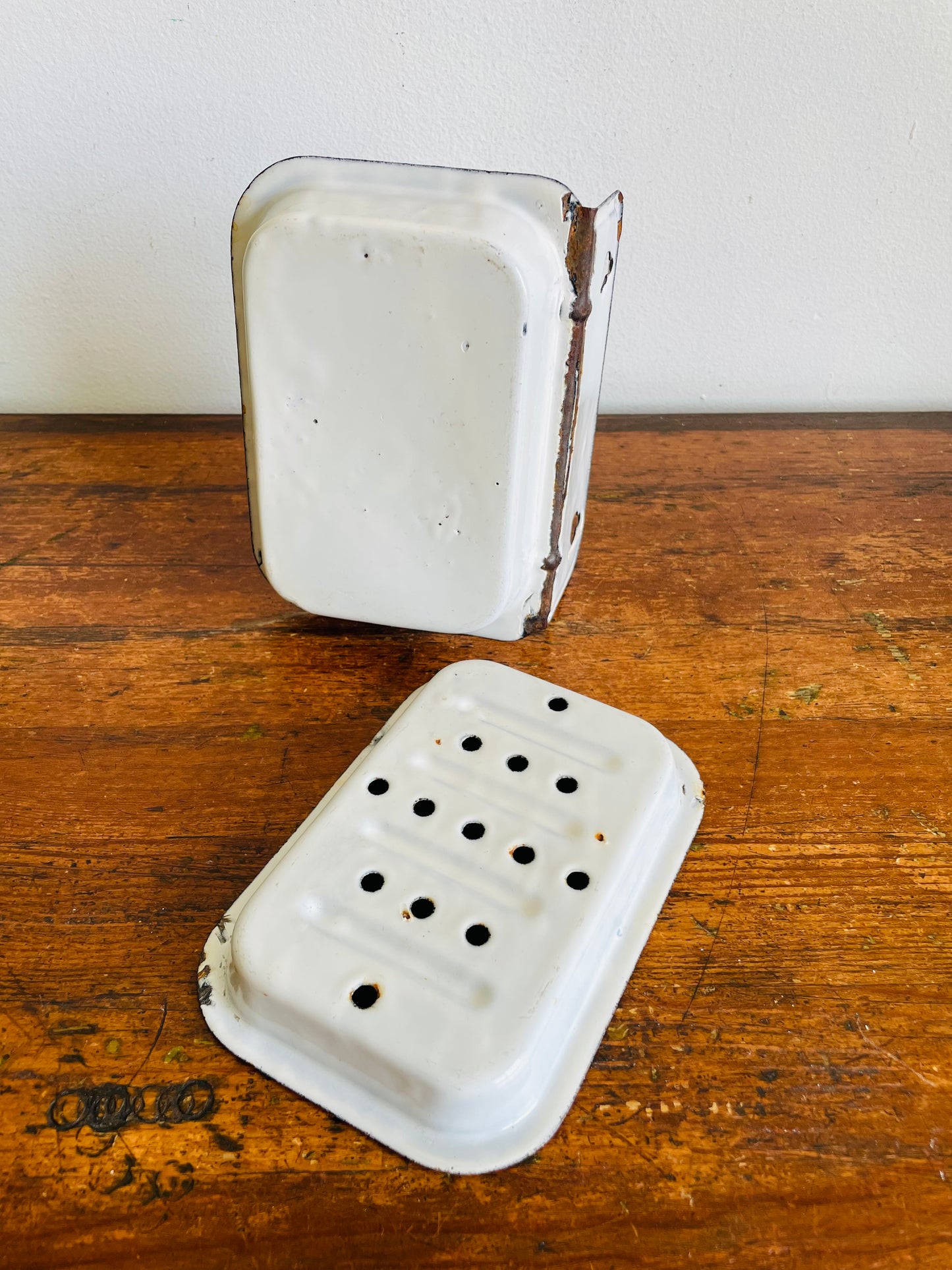 Vintage White Enamel Wall Mount Two Part Soap Dish - Removable Drainage Tray  - Can Stand or Hang - Modern Cottage Farmhouse