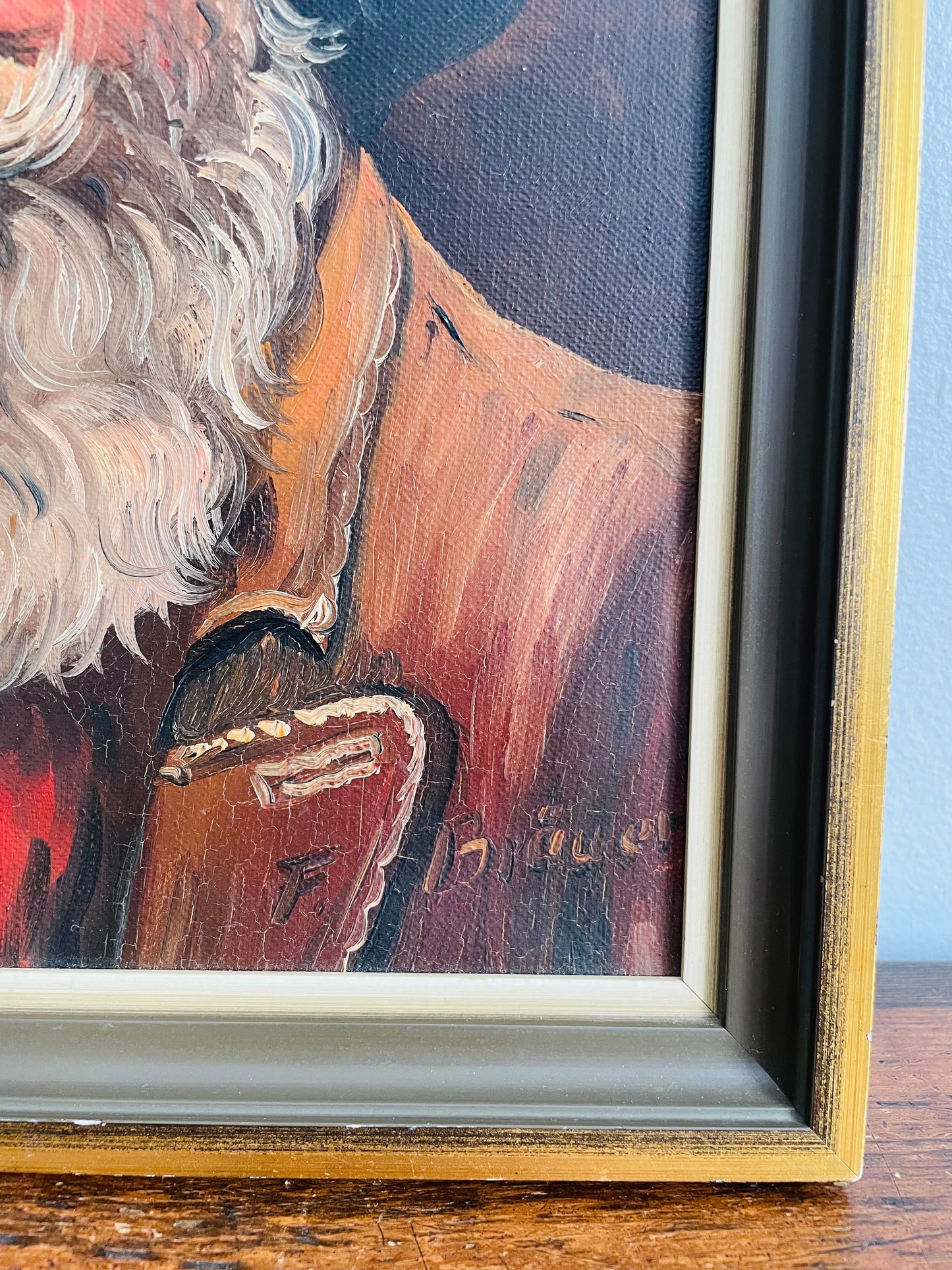 Vintage Original Art Painting Picture - Portrait of a Bavarian Man Wearing a Tyrolean Hat with Feather Plume & Smoking a Pipe