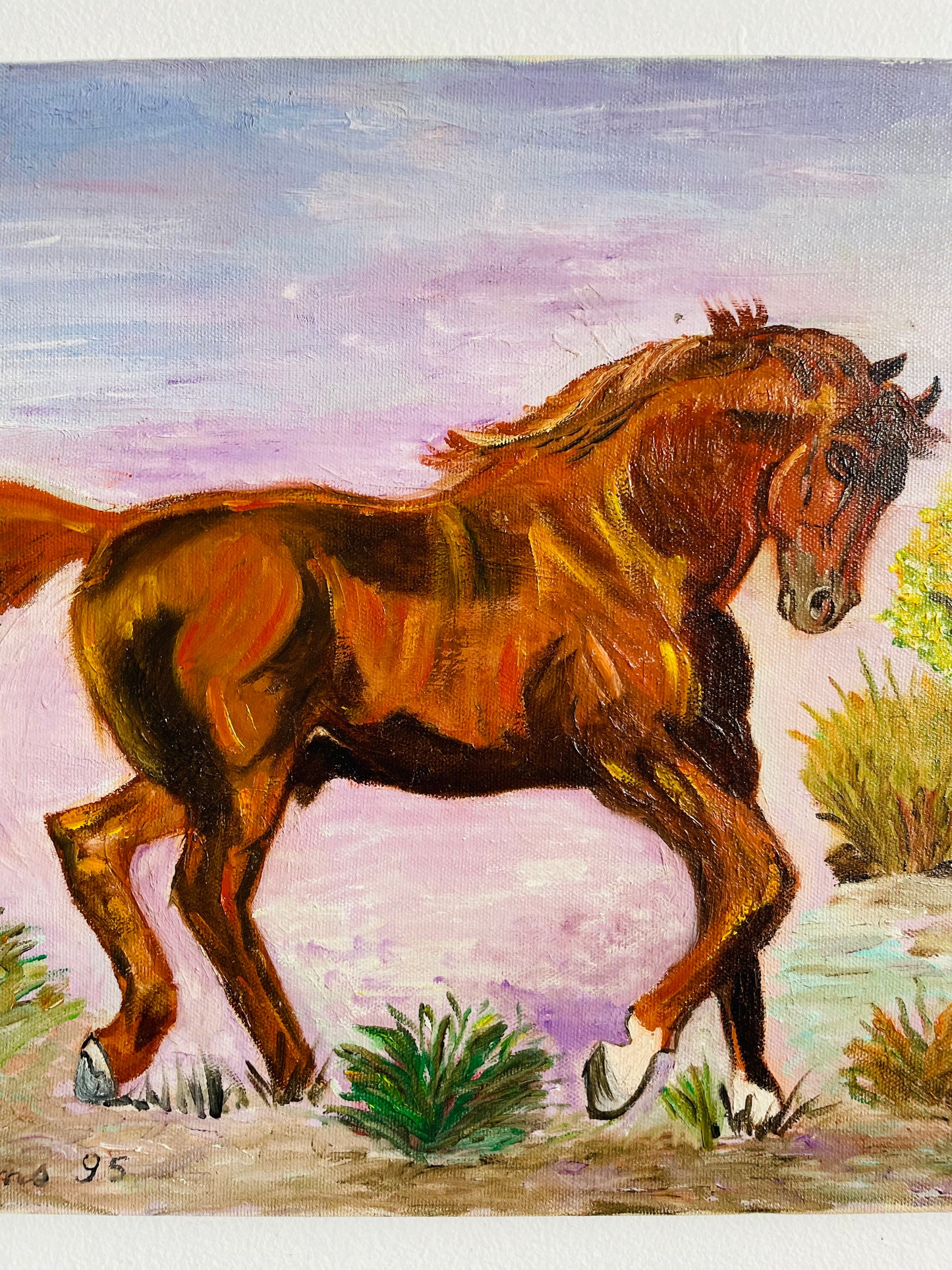 Vintage 1995 Original Art Painting Equestrian Picture of Prancing Brown Horse with Purple Sky - Artist Signed
