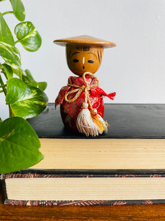 Vintage 3" Tall Japanese Wooden Kokeshi Bobblehead Doll in Red Fabric Dress with Belt & Hat