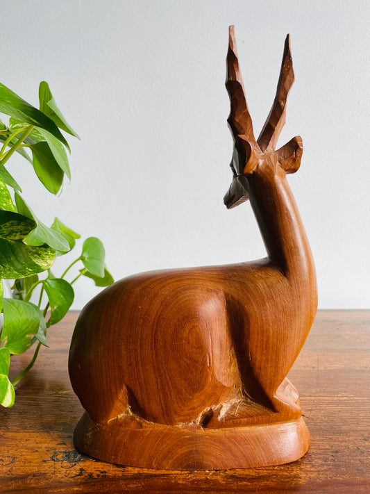 Mid-Century Modern Carved Teak Wood Resting Gazelle Sculpture Figurine