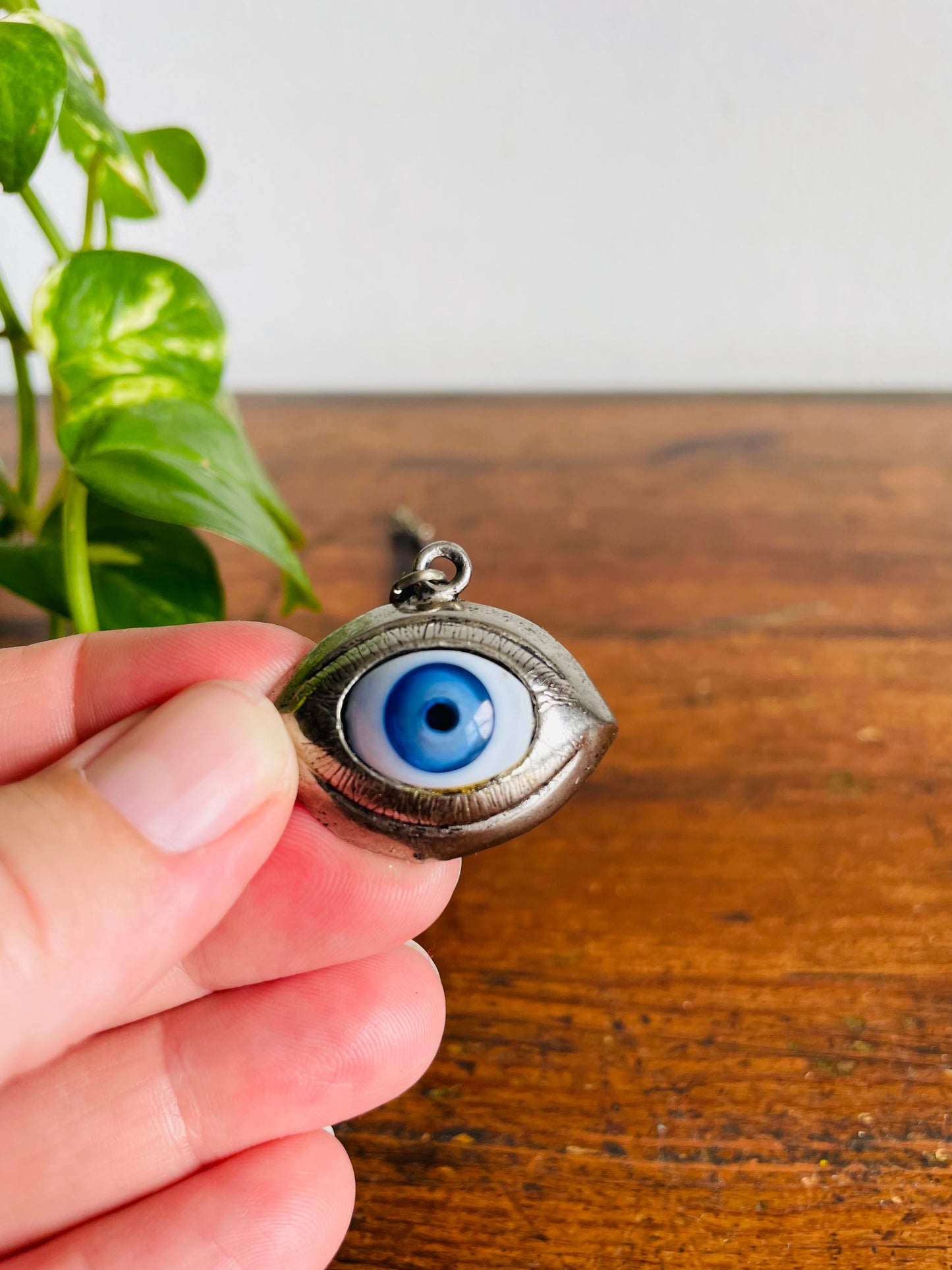 Vintage Silver & Glass Blue Eyeball Pendant Necklace on Black Cord with Clasp - Short / Choker Style Length - Witchy Gothic Halloween Aesthetic