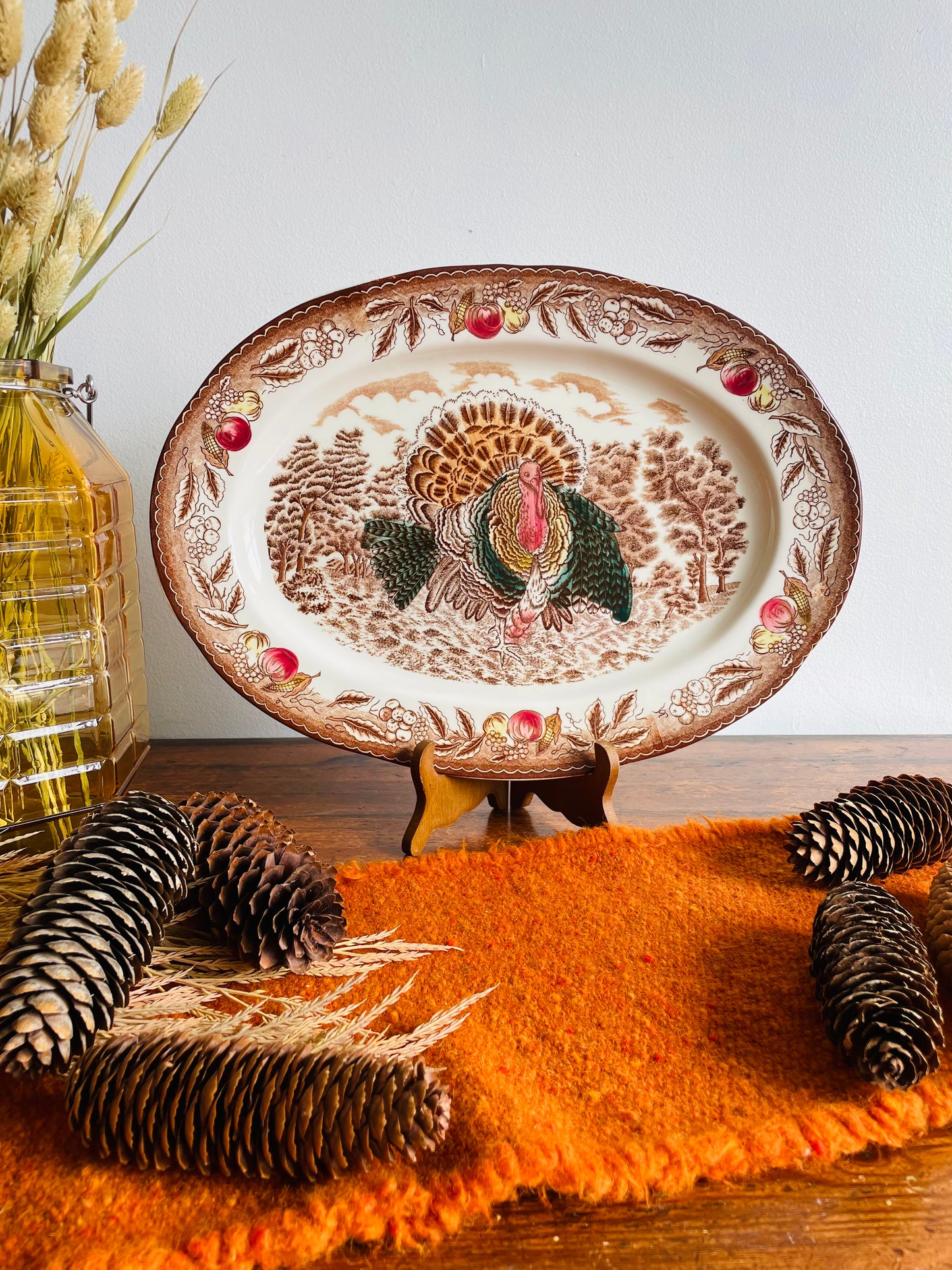 Brown Transferware Oval Thanksgiving Serving Platter with Turkey Design - Made in Japan