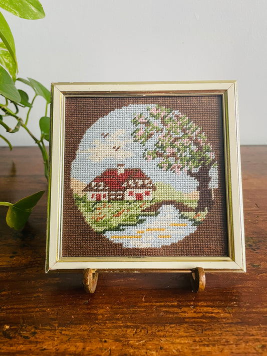 Vintage Mini Needlepoint Embroidery Picture in Square Frame - Spring Season - Red Roof House Beside River with Cherry Blossoms