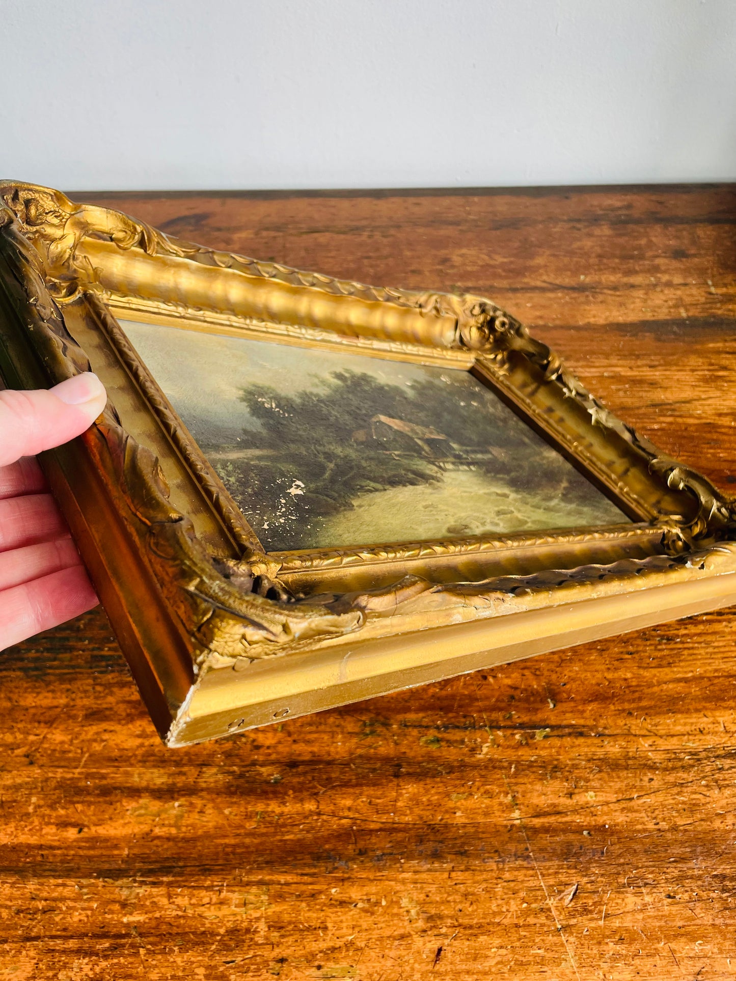 Antique Frank G. Hart's Oil Painting Facsimile Picture in Ornate Gold Frame - "The Old Watermill"