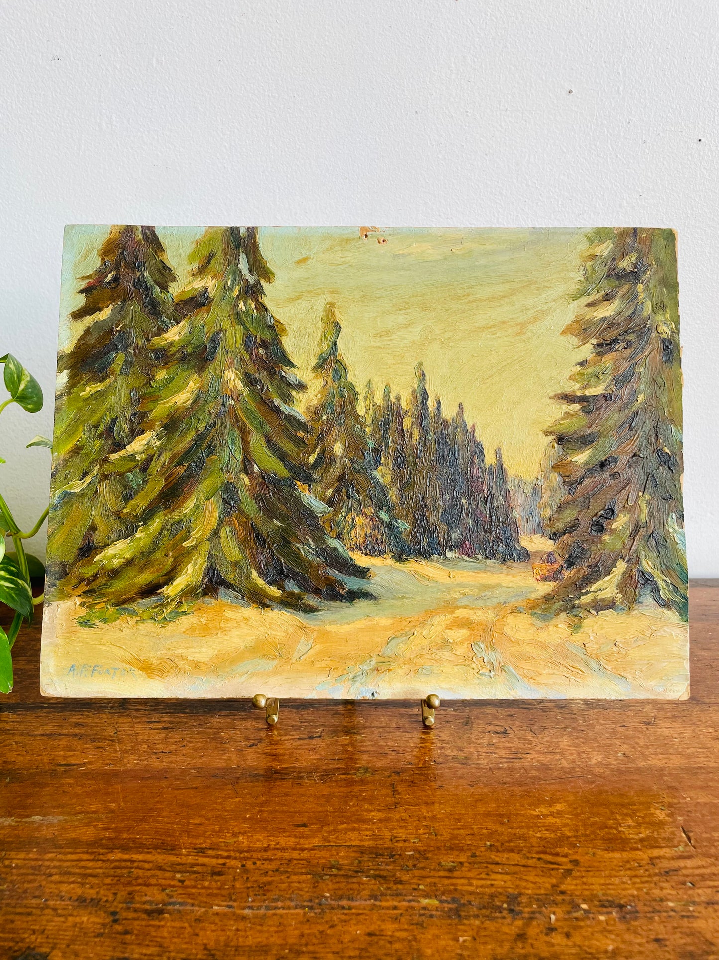 Antique Original Art Painting of Fir Tree Forest in Winter on Board - Artist Signed - Purchased from Great-Nephew of Artist in Haliburton, ON