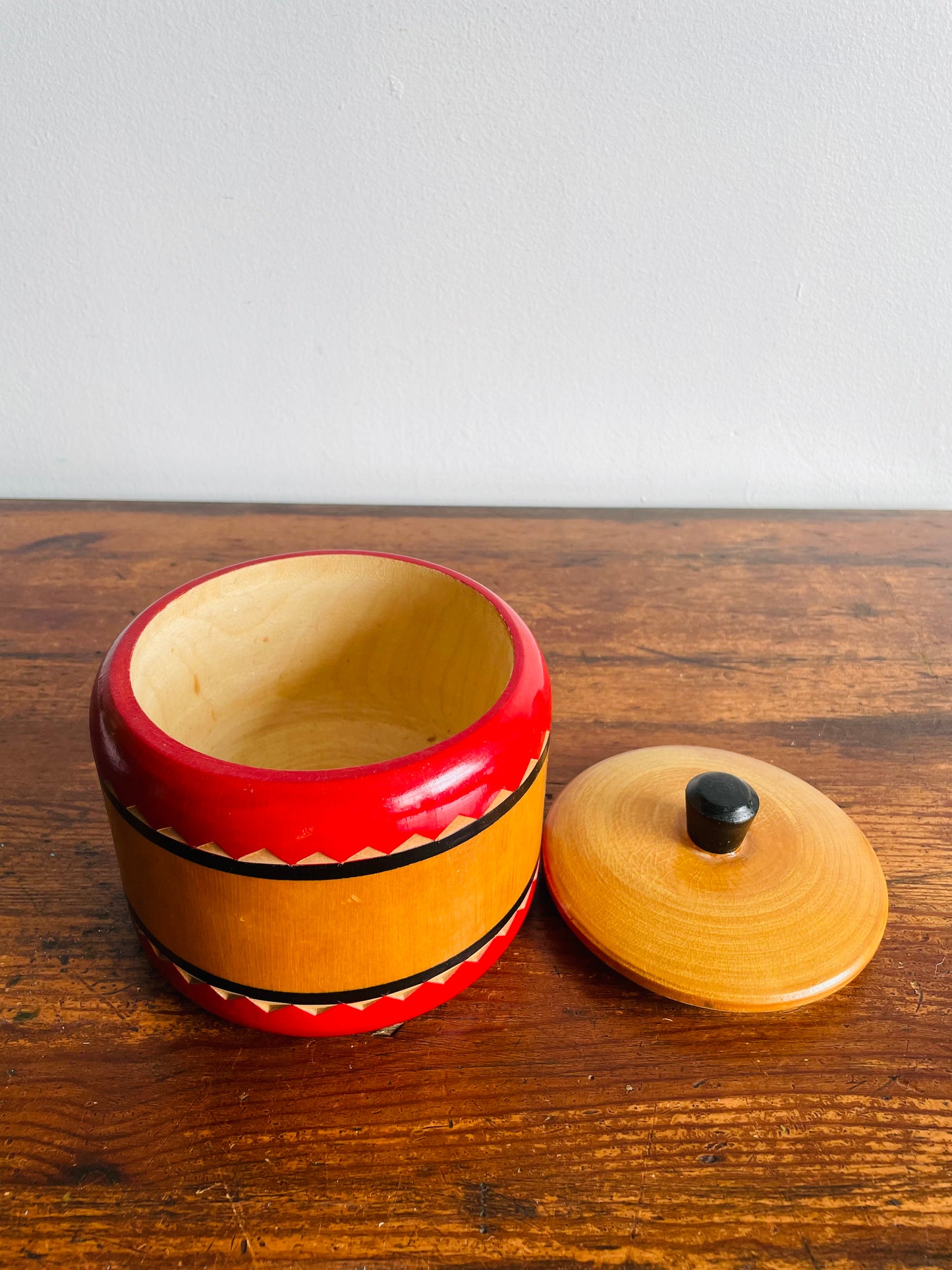 Eastern European Round Wooden Trinket Box with Lid & Handle