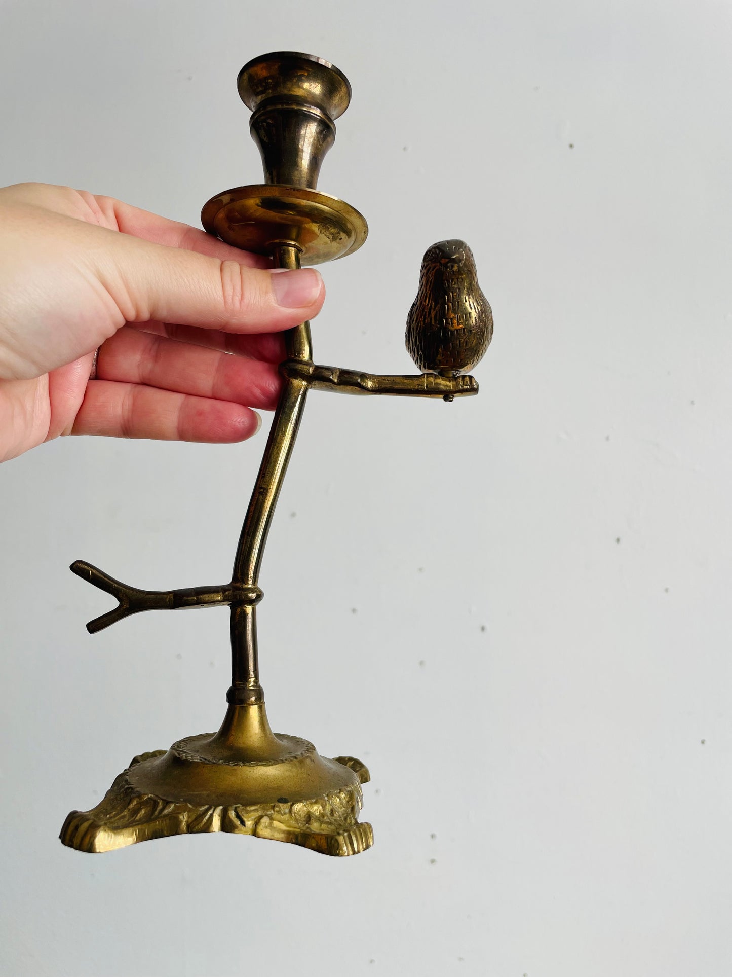 Vintage Solid & Heavy Brass Candle Holder with Branches & Perched Bird on Ornate Footed Base