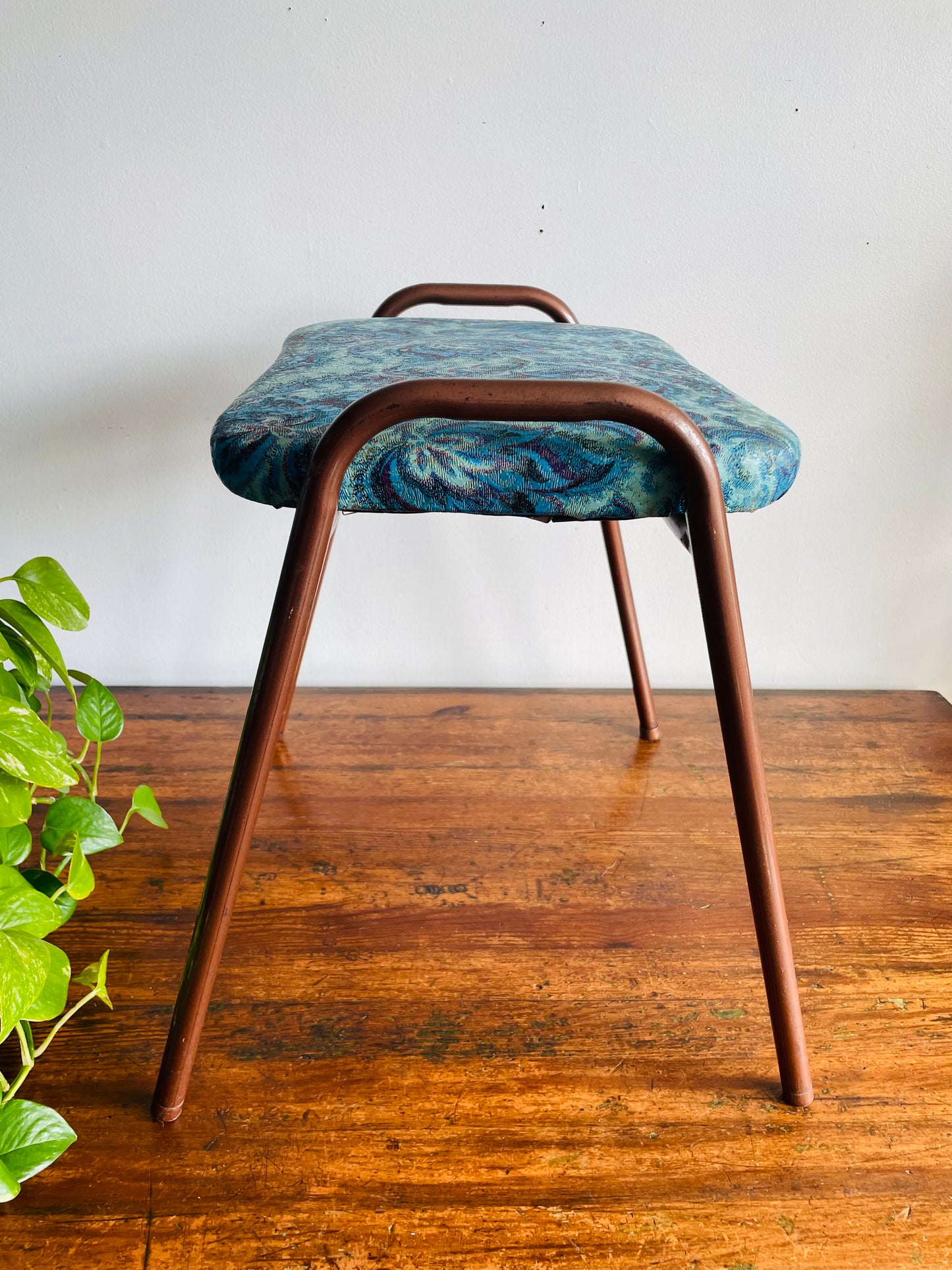Vintage 1968 Perfect Chrome Furniture Co. Stackable Stool Chair with Vinyl Cushion - Blue Floral Pattern #1 - Made in Toronto