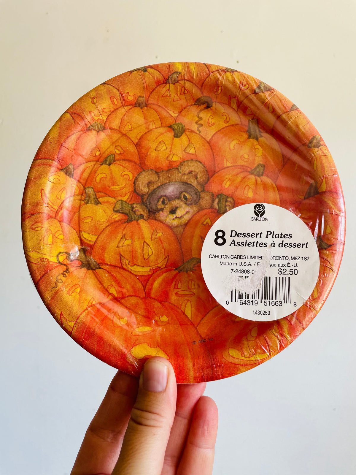 Vintage Deadstock Carlton Cards 7" Paper Dessert Plates with Halloween Teddy Bear Hiding Among Pumpkins Design - Set of 8