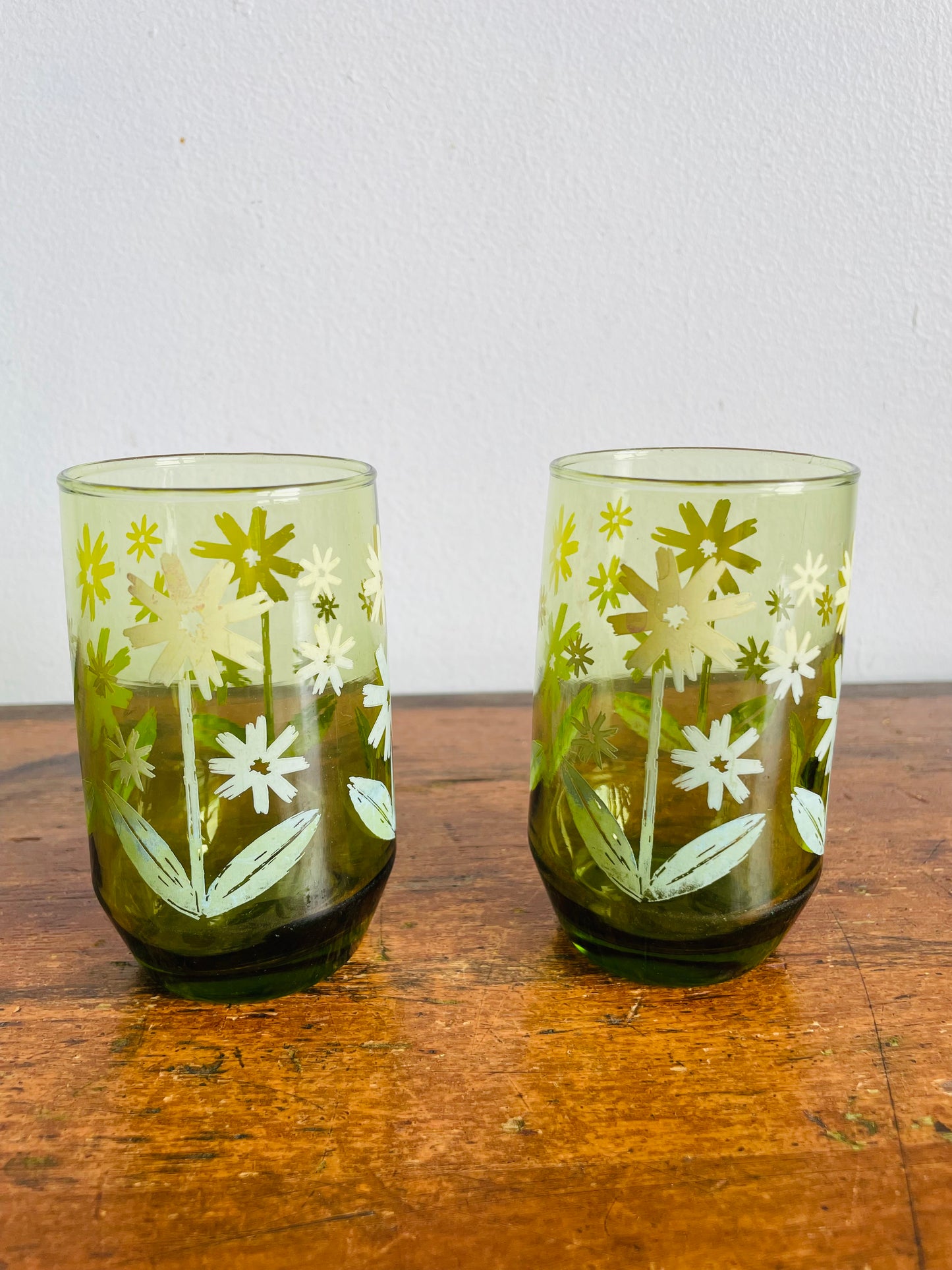 Vintage Green Glass Juice Glasses with Fun Daisy Flower Design - Set of 2