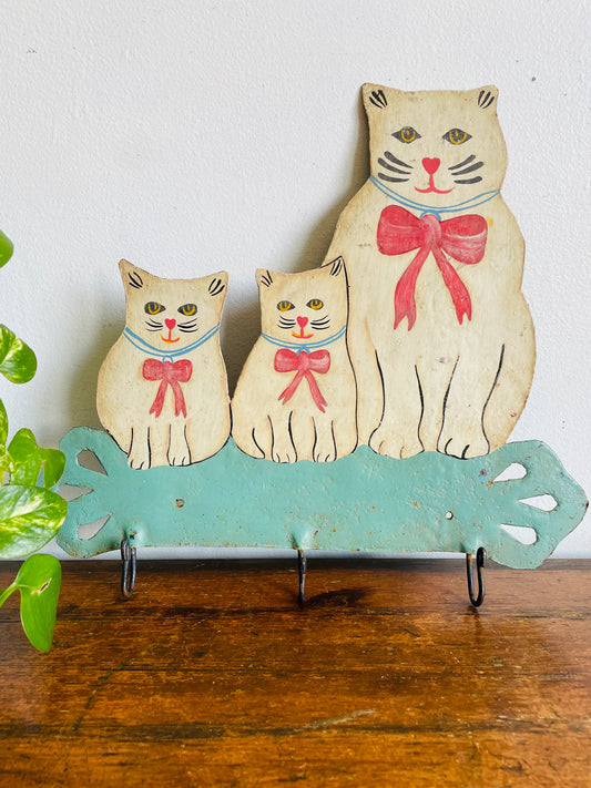 Vintage Painting Metal Folk Art Wall Hook Hanger with White Cats Wearing Pink Bows - 3 Hooks for Hanging - Whimsical Home Decor