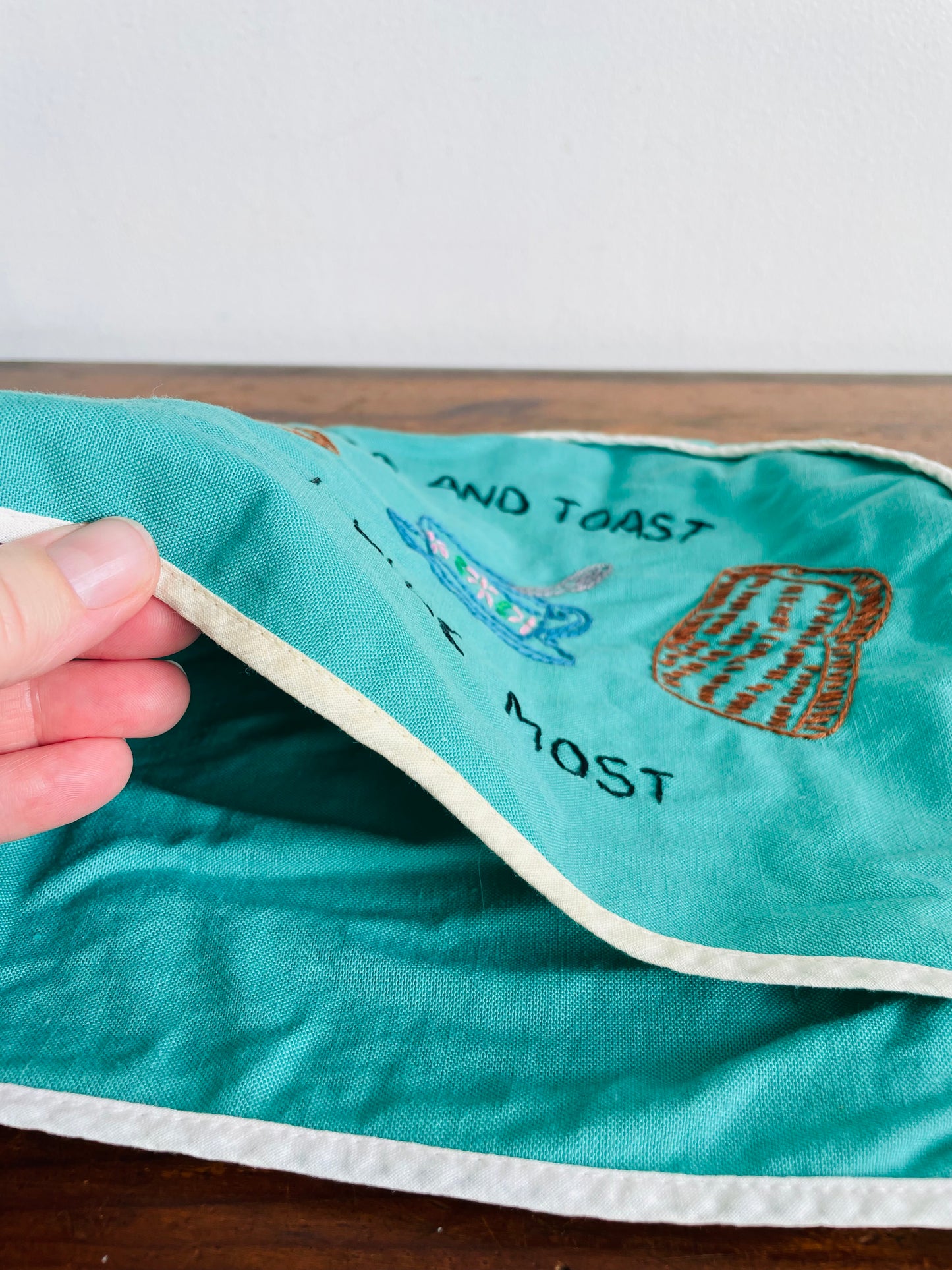 Vintage Handmade Needlepoint Embroidery Teal Green Toaster Cozy Cover with Adorable Graphics - Tea and Toast I Like Most