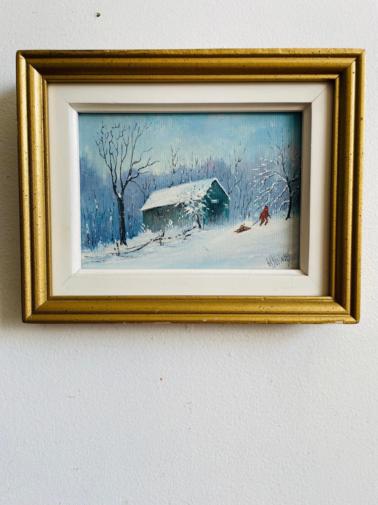 Vintage 1984 Original Art Painting of Child Pulling Sled with Chopped Wood Through Snow - "Painted by Harold Knight in my 89th Year"