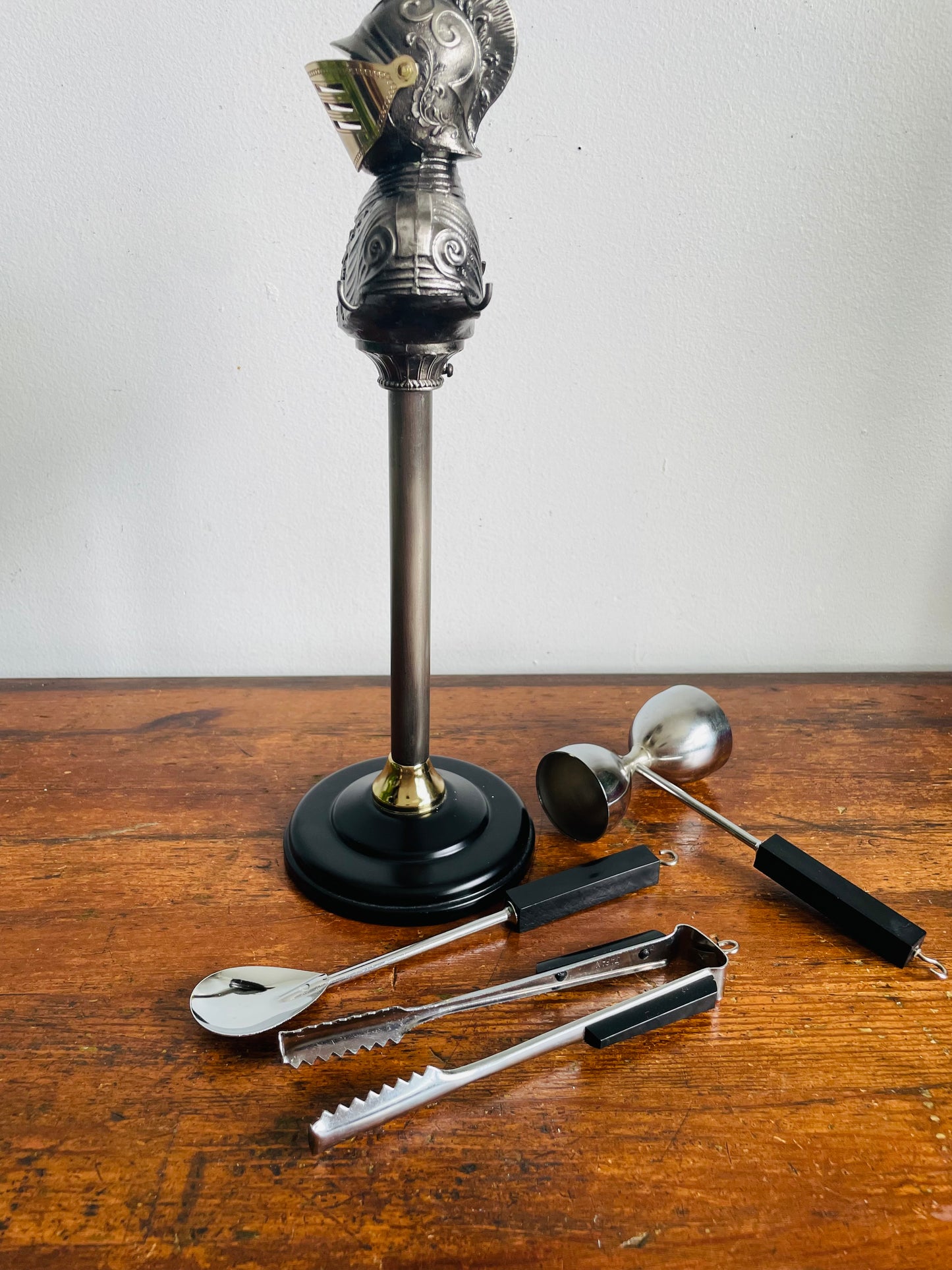 Vintage Knight in Armour Barware Set - Includes 3 Utensils - Tongs, Spoon & Measuring Jigger - Made in Japan