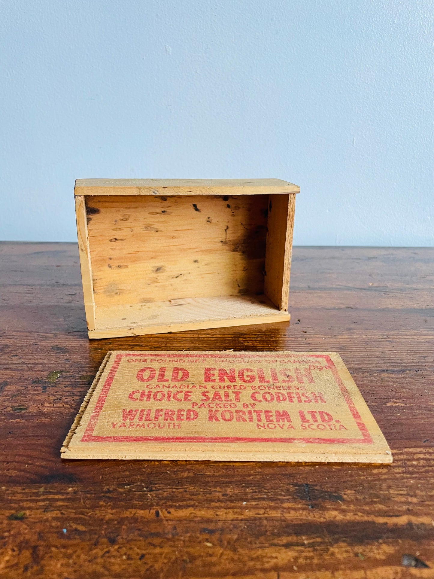 Old English Choice Salt Codfish Wood Box with Sliding Lid - One Pound Net - Packed by Wilfred Koritem Ltd. Yarmouth Nova Scotia