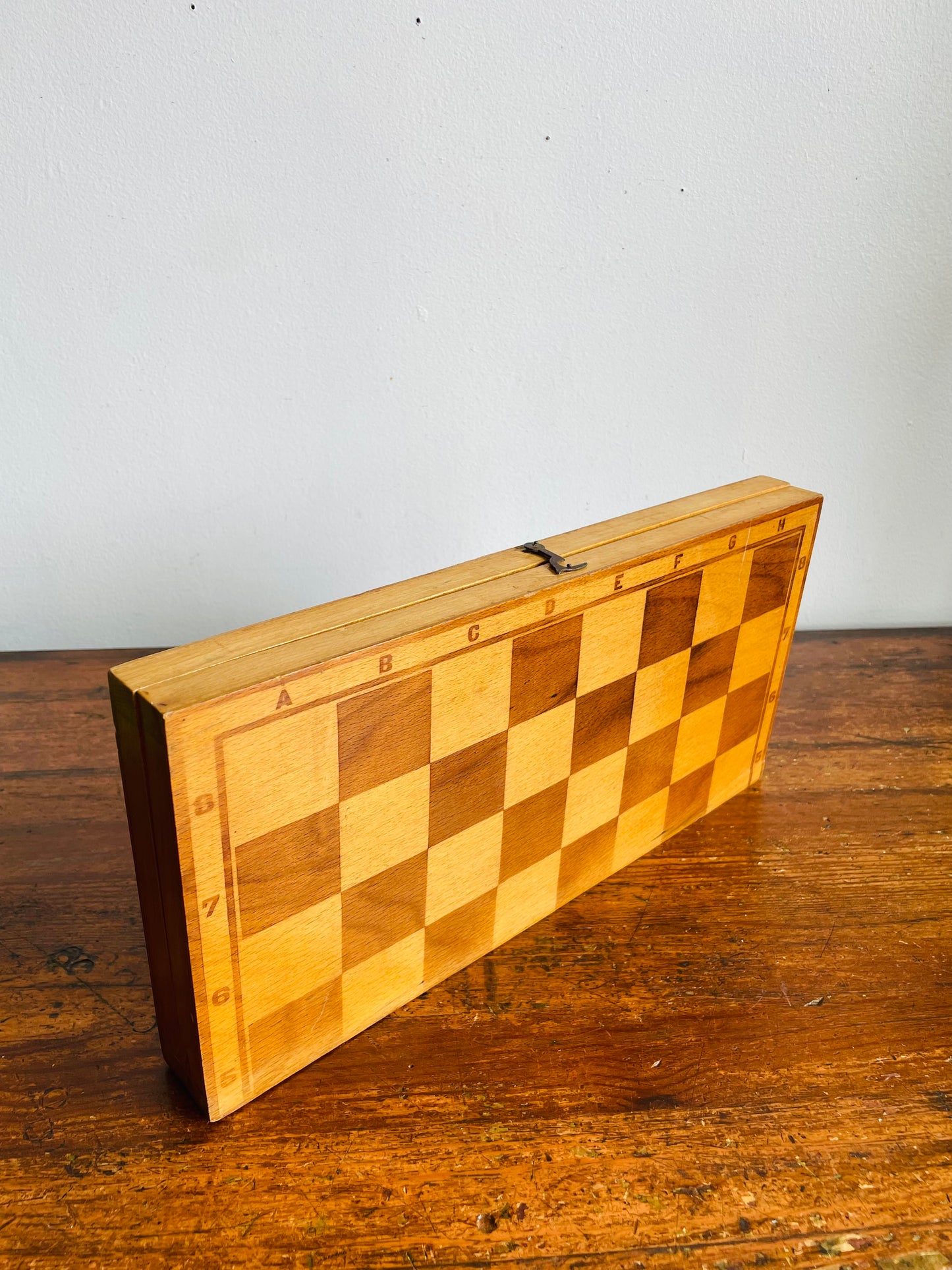 Vintage Hinged Folding Wood Chess Board Travel Case with Felt-Bottomed Wood Playing Pieces - Made in Poland