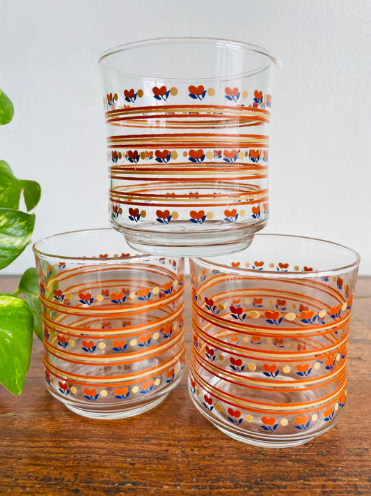 Vintage Drinking Tumbler Glasses with Orange, Cream & Blue Flower & Stripe Design - Set of 3