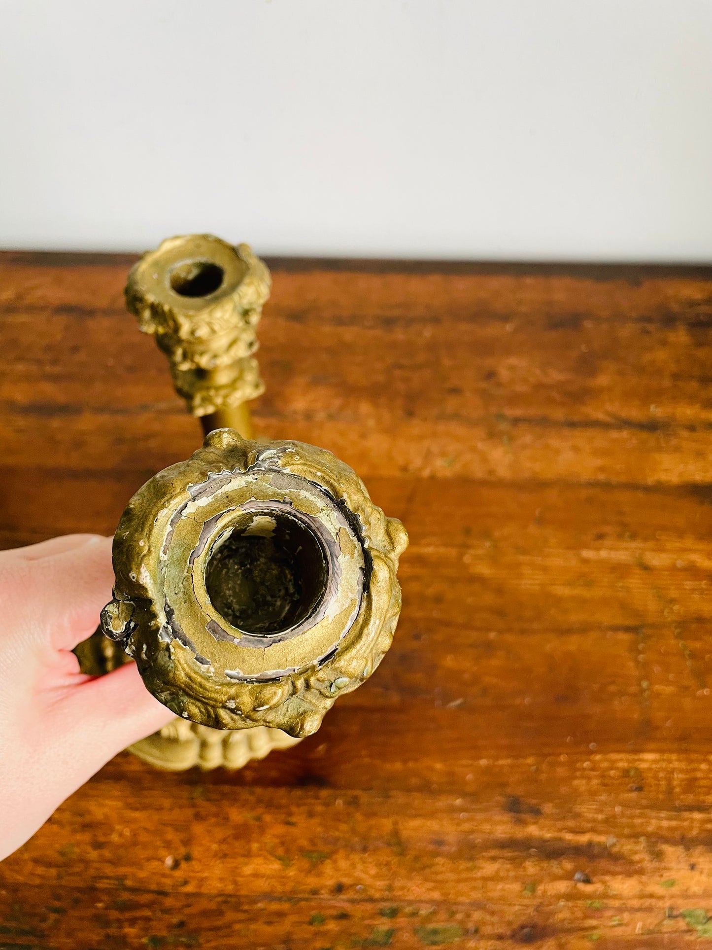 Vintage / Possibly Antique Iron Candle Holders with Plaster & Gold Finish - Very Sturdy & Solid - Set of 2