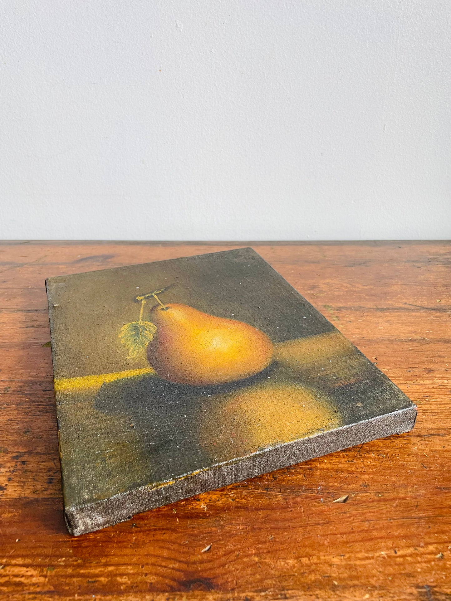 Antique Original Art Painting Picture on Canvas - Moody Still Life Study of a Pear