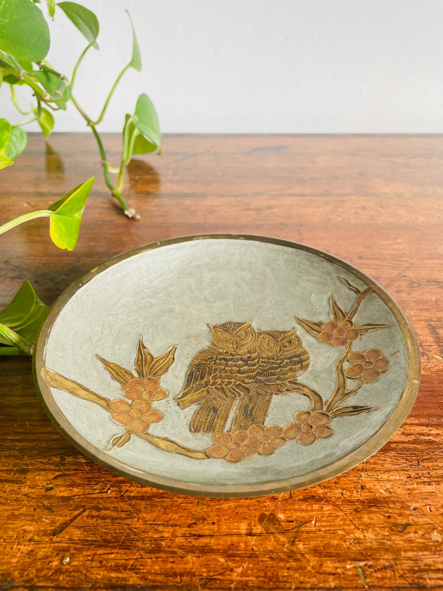 Vintage Enamelled Brass Footed Pedestal Bowl Dish with Pair of Owls Perched on Cherry Blossom Tree Branch Design