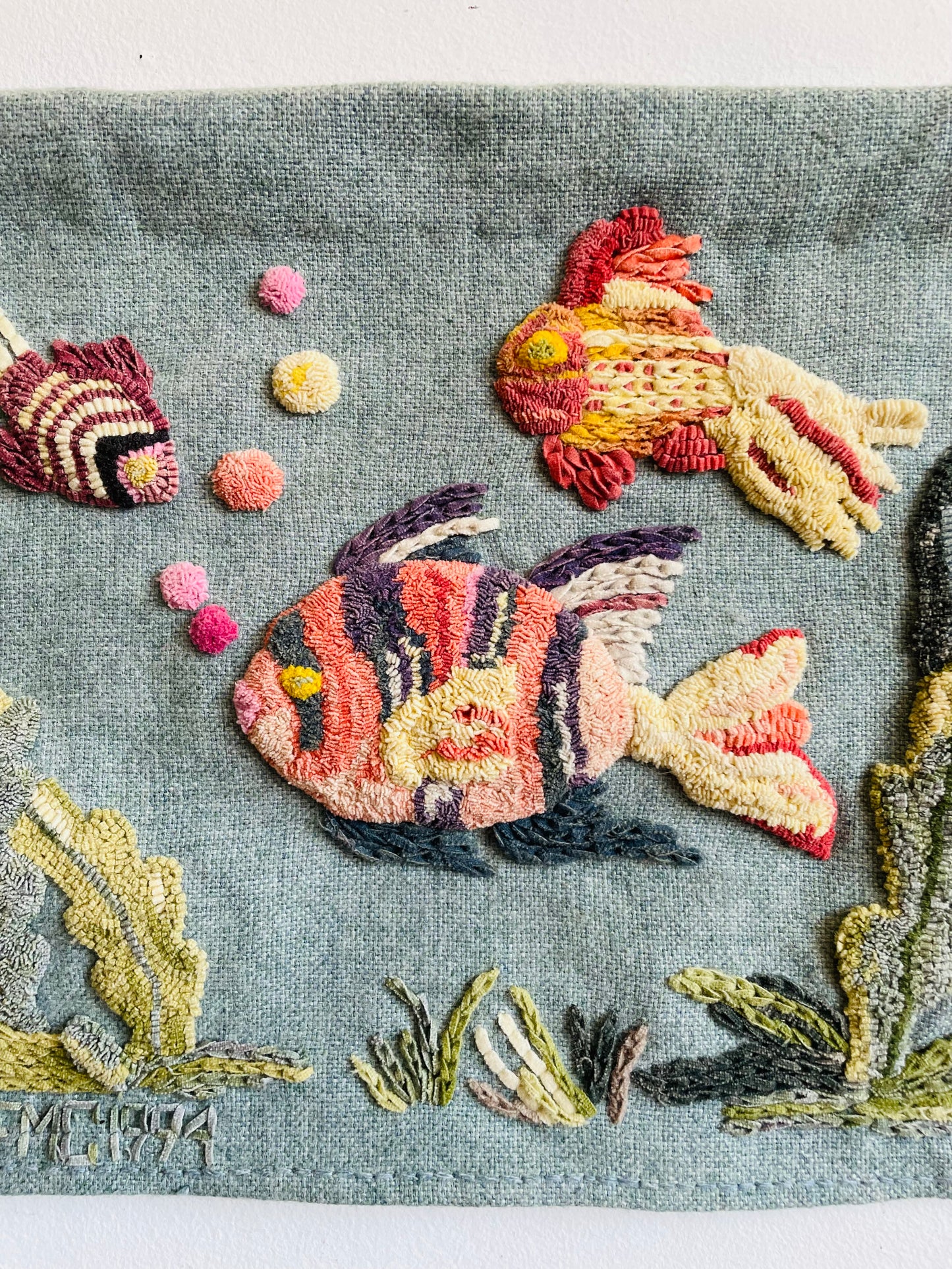 Vintage 1994 Handmade Punch Needle Art Embroidery Wall Tapestry Hanging Picture with Under the Sea Fish & Seaweed Design