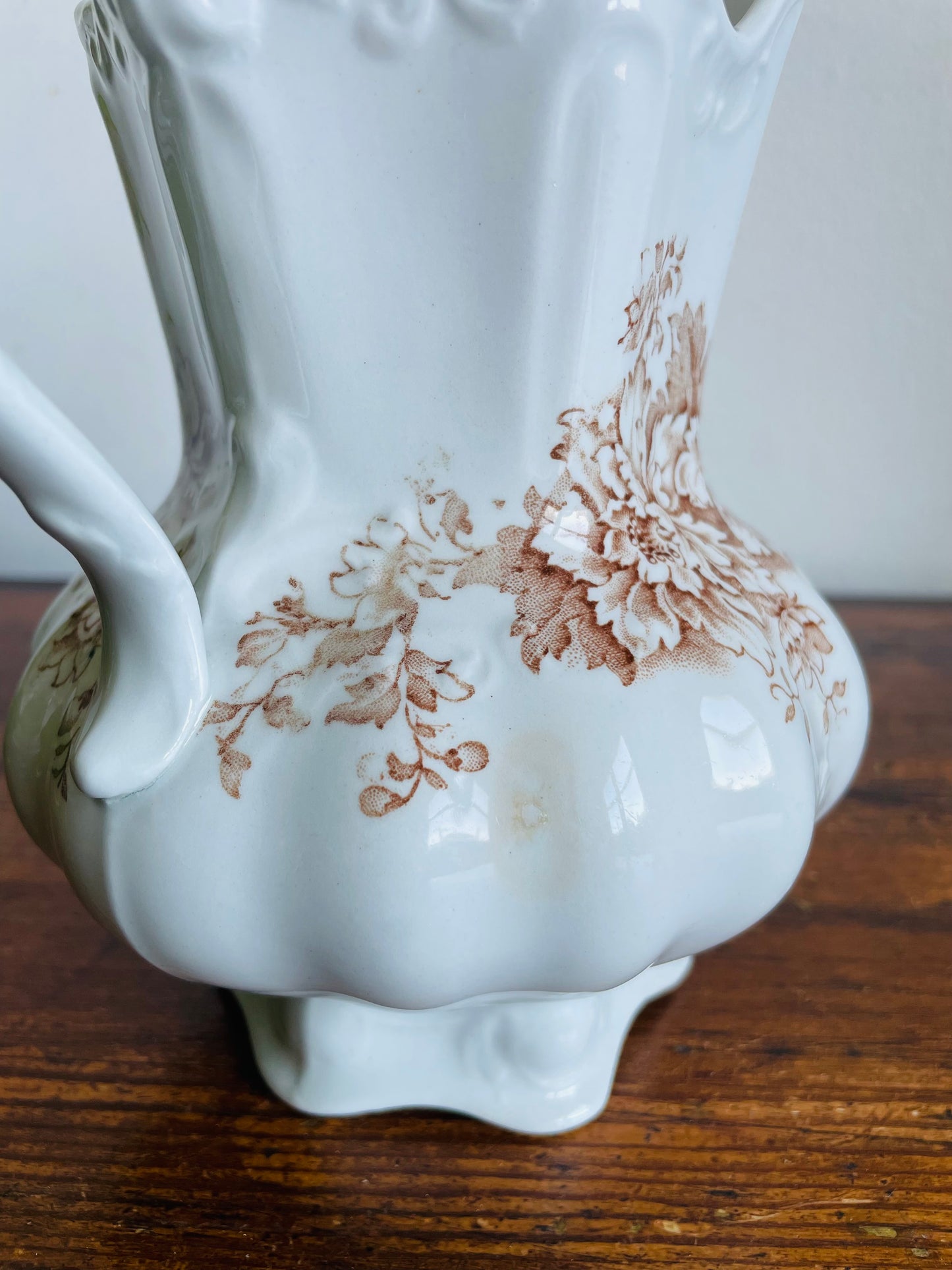 Vintage White & Brown Transferware Vase Pitcher with Ornate & Floral Pattern