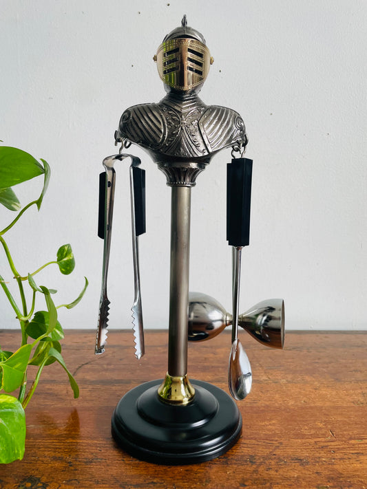 Vintage Knight in Armour Barware Set - Includes 3 Utensils - Tongs, Spoon & Measuring Jigger - Made in Japan