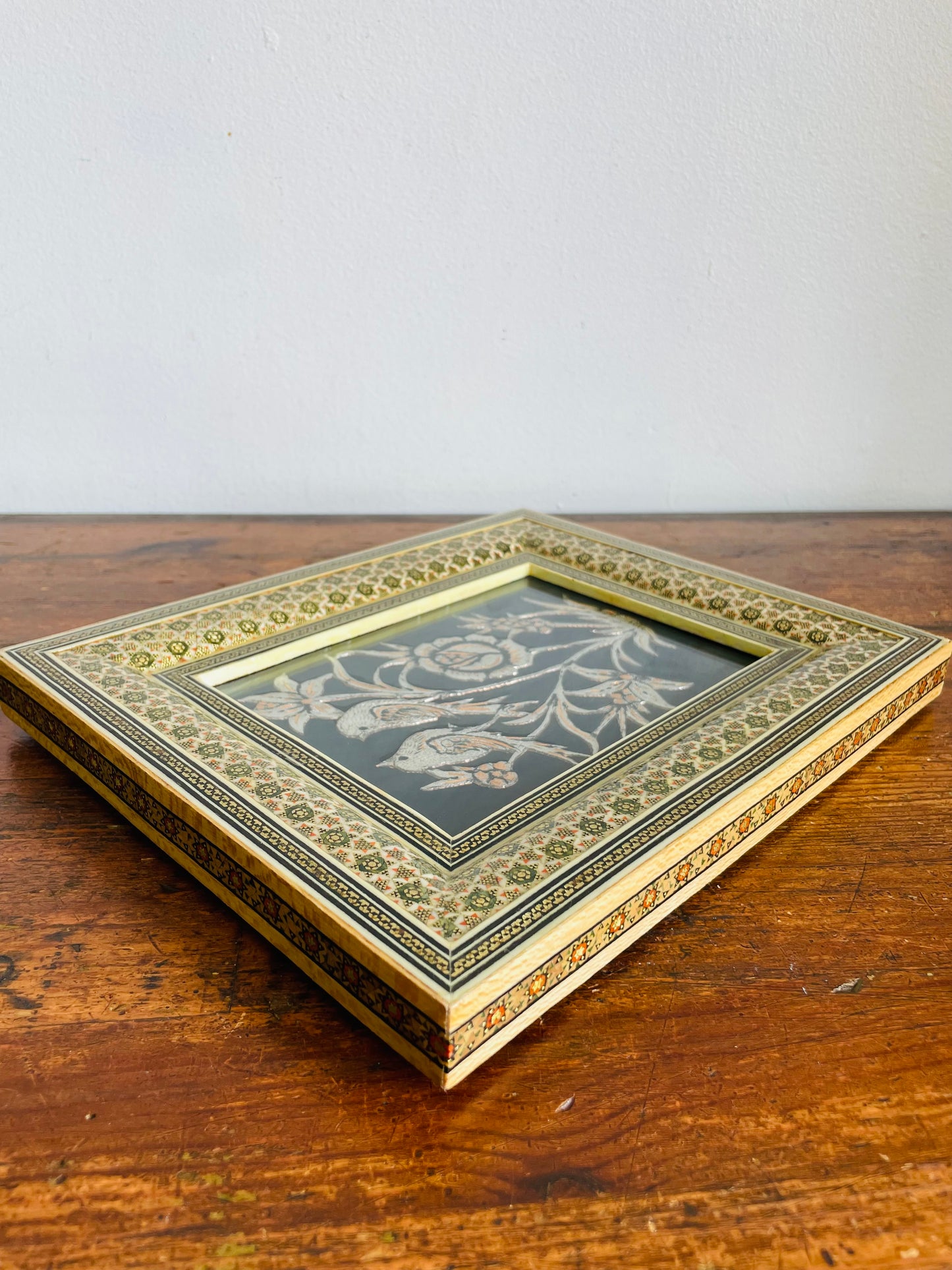 Vintage Persian Khatam Kari Marquetry Frame with Handcrafted Copper & Silver Inlay Picture of Birds & Flowers - Easel Backing