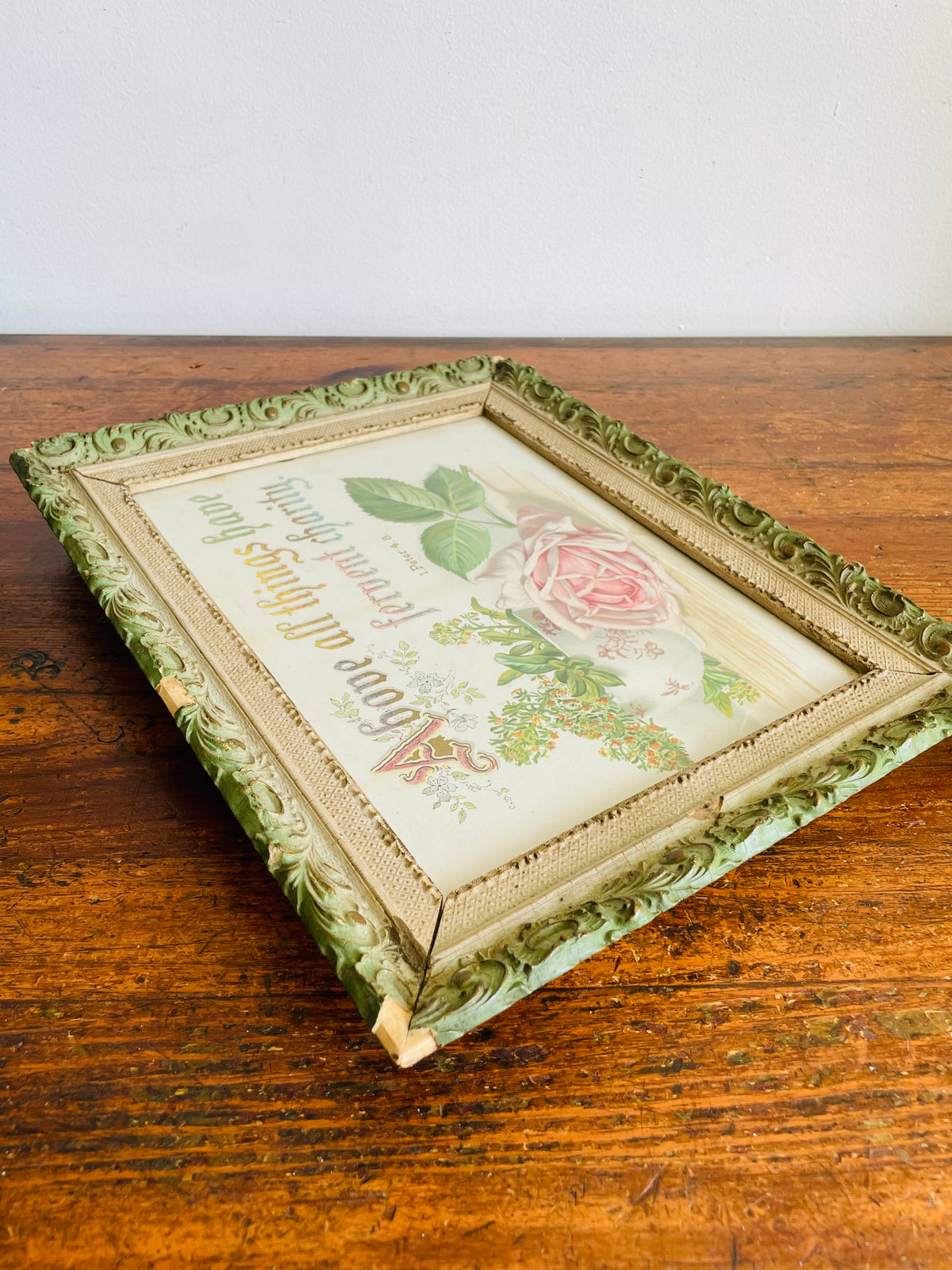 Antique 1891 Botanical Pink Rose Print Picture with Bible Verse I Peter 4.8 - Above All Things Have Fervent Charity - Ornate Wood Frame - 135 Years Old!