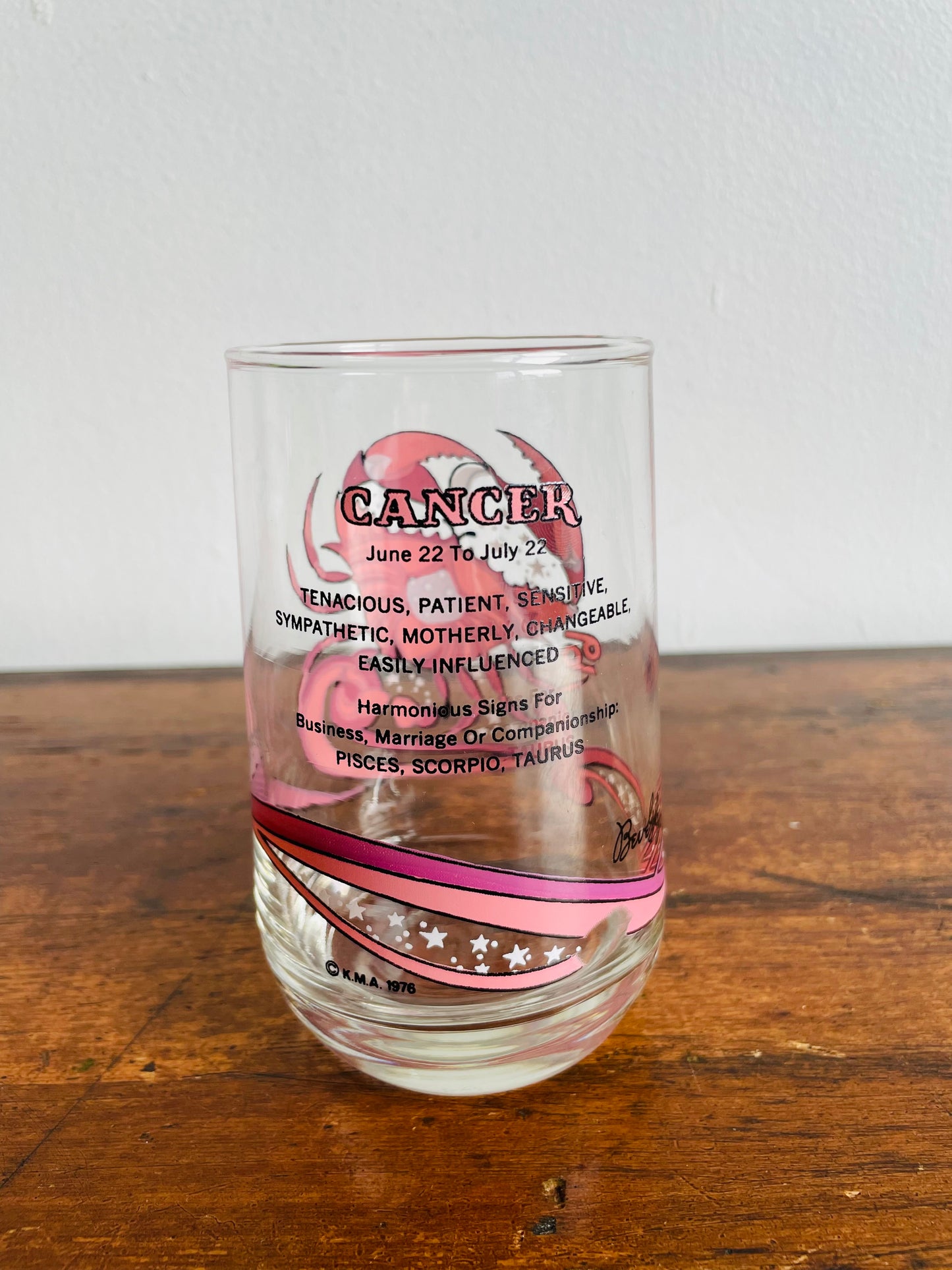 1976 K.M.A. Beverly Arby's Astrology Zodiac Drinking Glass - Cancer Crab Sign - June 22 to July 22 Birthdays