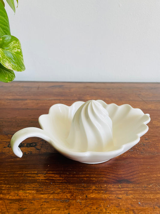 White Ceramic Leaf Shaped Citrus Juicer with Scalloped Rim