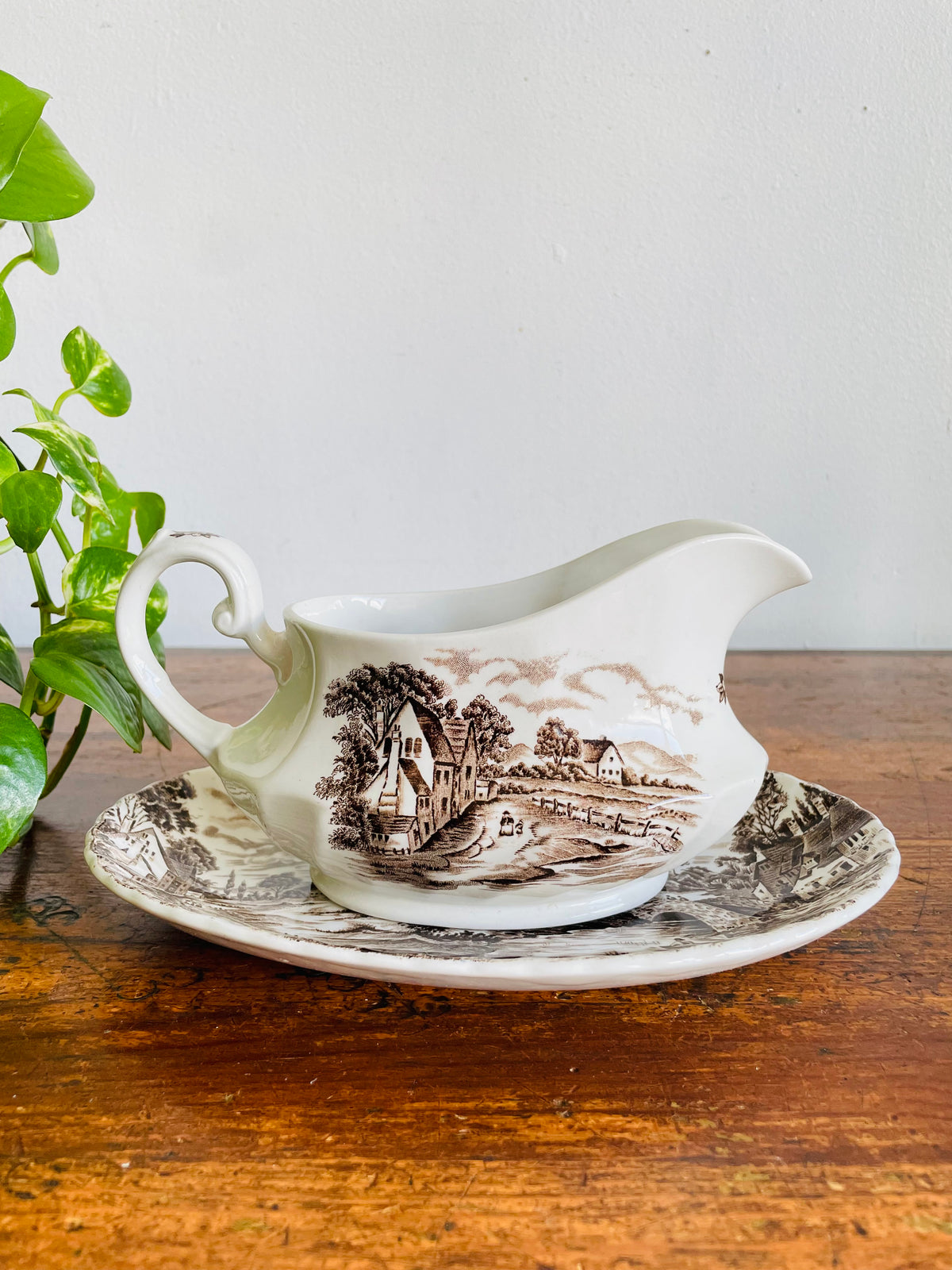 Vintage Ridgway Staffordshire England "Country Days" Brown Transferware Pattern Gravy Sauce Boat & Plate