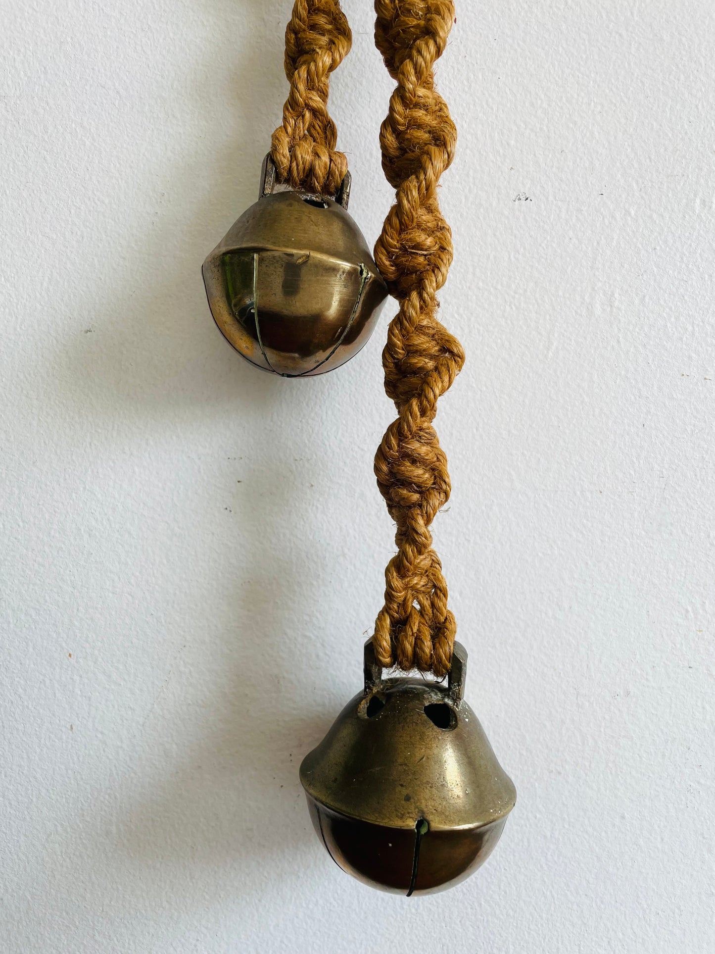 Vintage Handwoven Jute Rope Macrame Garland with Large Brass Jingle Bells - Wall Decor, Chime, Curtain Tieback, Etc.