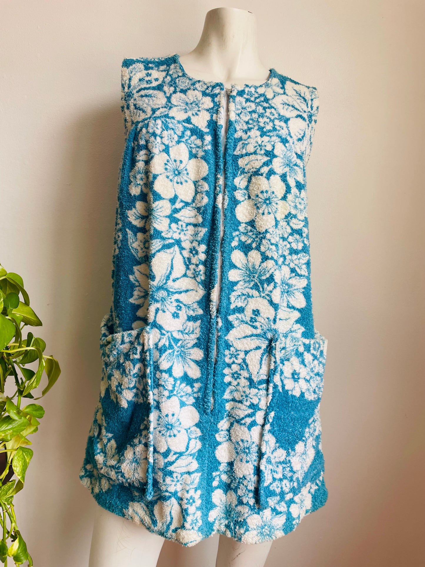 Zippered Terry Cloth Towel Dress or Beach Cover-Up with Pockets & Blue & White Tropical Hibiscus Flower Design