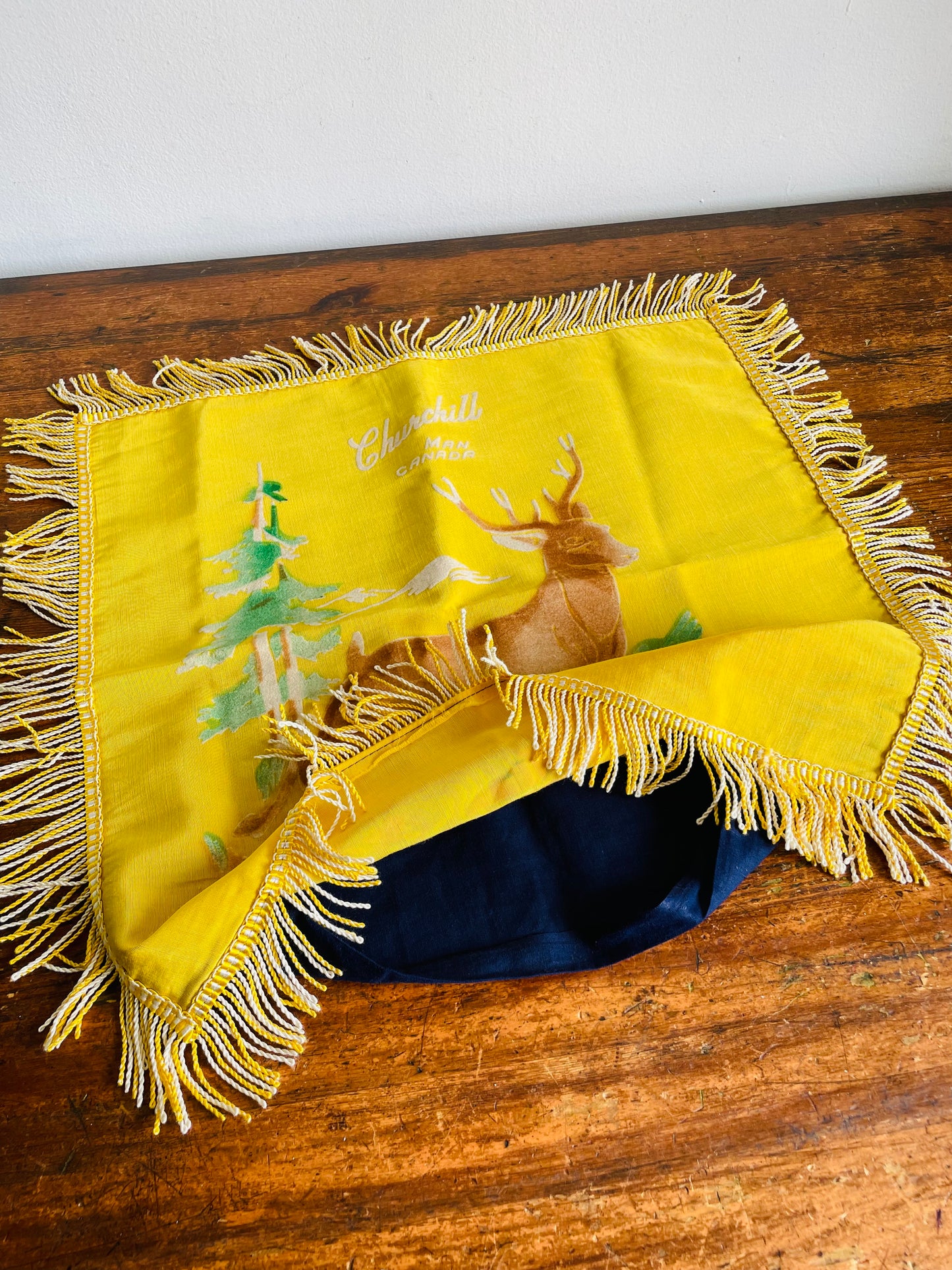 Vintage 1940s WW2 Churchill Manitoba Canada Navy Blue & Yellow Souvenir Throw Pillow Cushion Cover with Velvet Deer in Forest Design & Fringe - Pillowcase Only