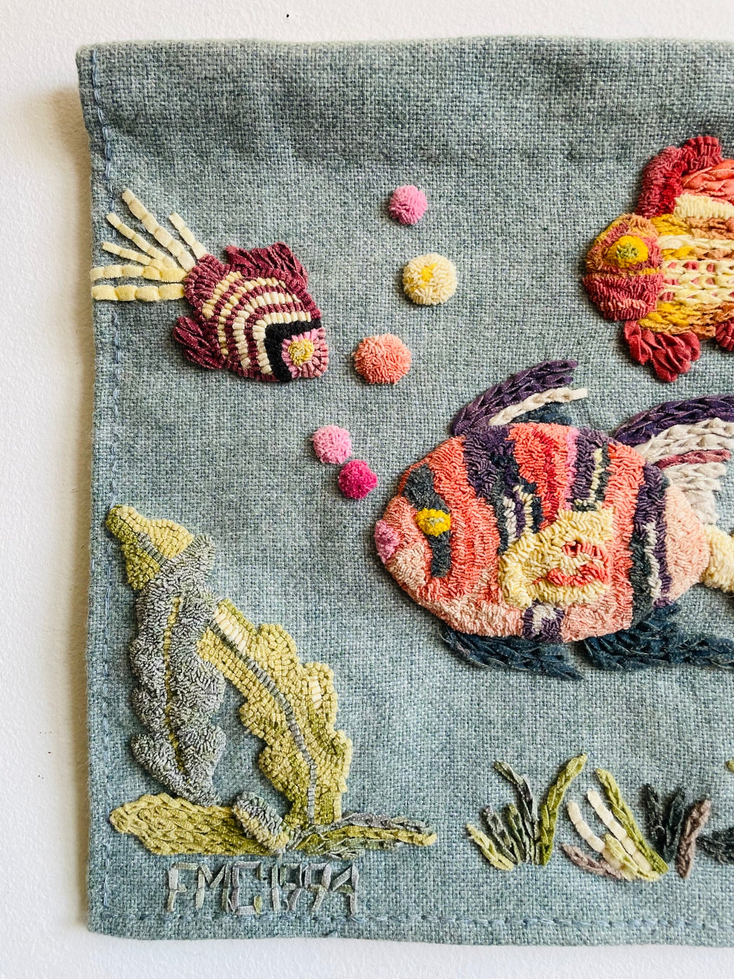 Vintage 1994 Handmade Punch Needle Art Embroidery Wall Tapestry Hanging Picture with Under the Sea Fish & Seaweed Design