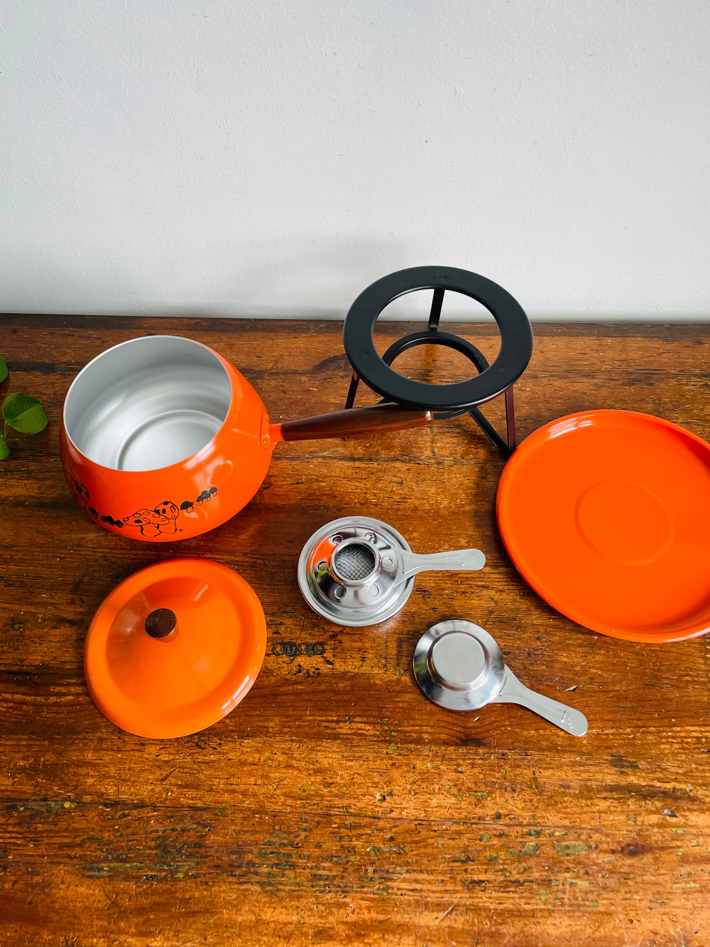 Vintage 1970s Groovy Bright Orange Fondue Pot Set with Mushroom Graphics - Made in Japan