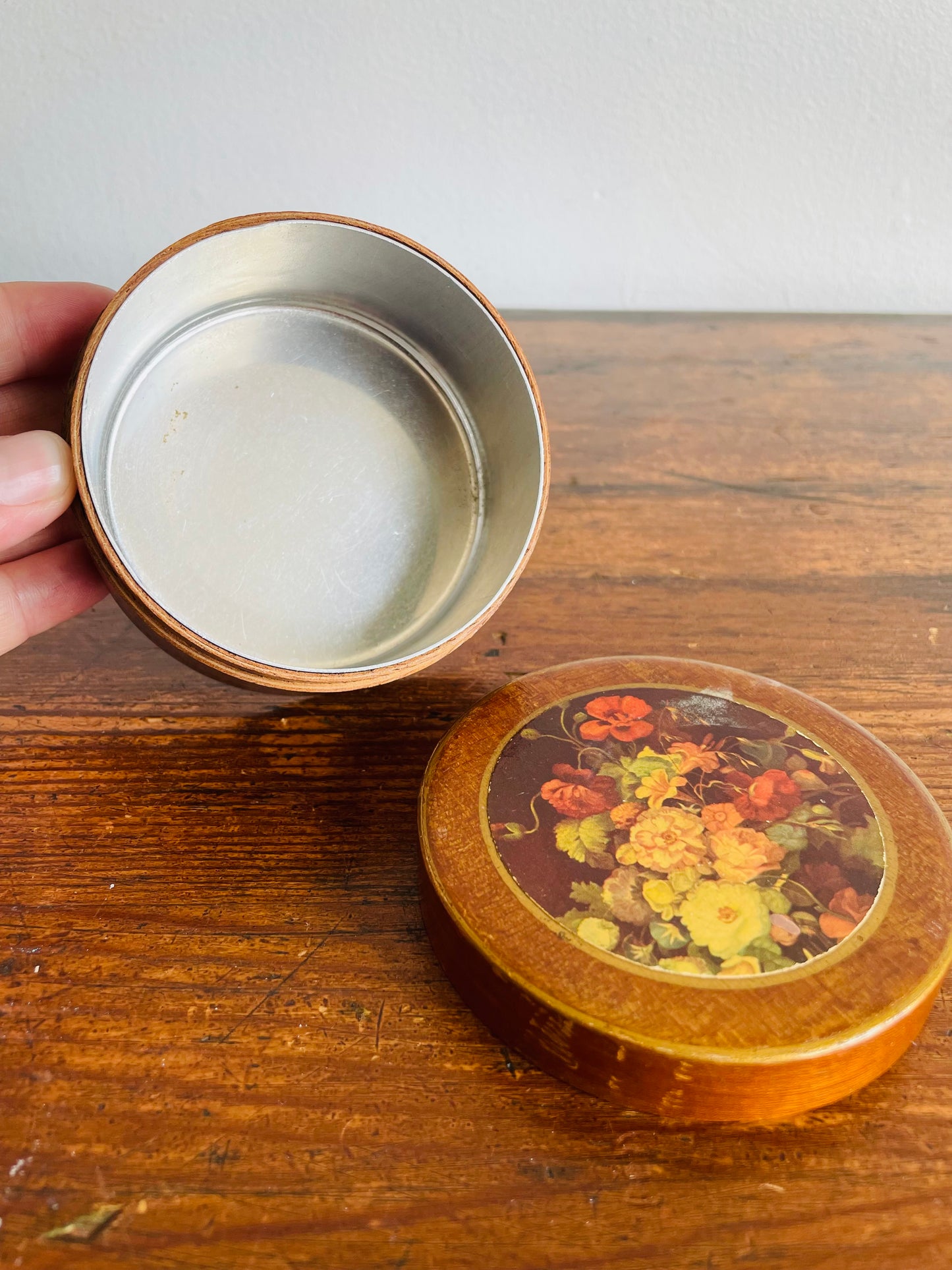 Round Wood & Tin Trinket Box with Floral Lid