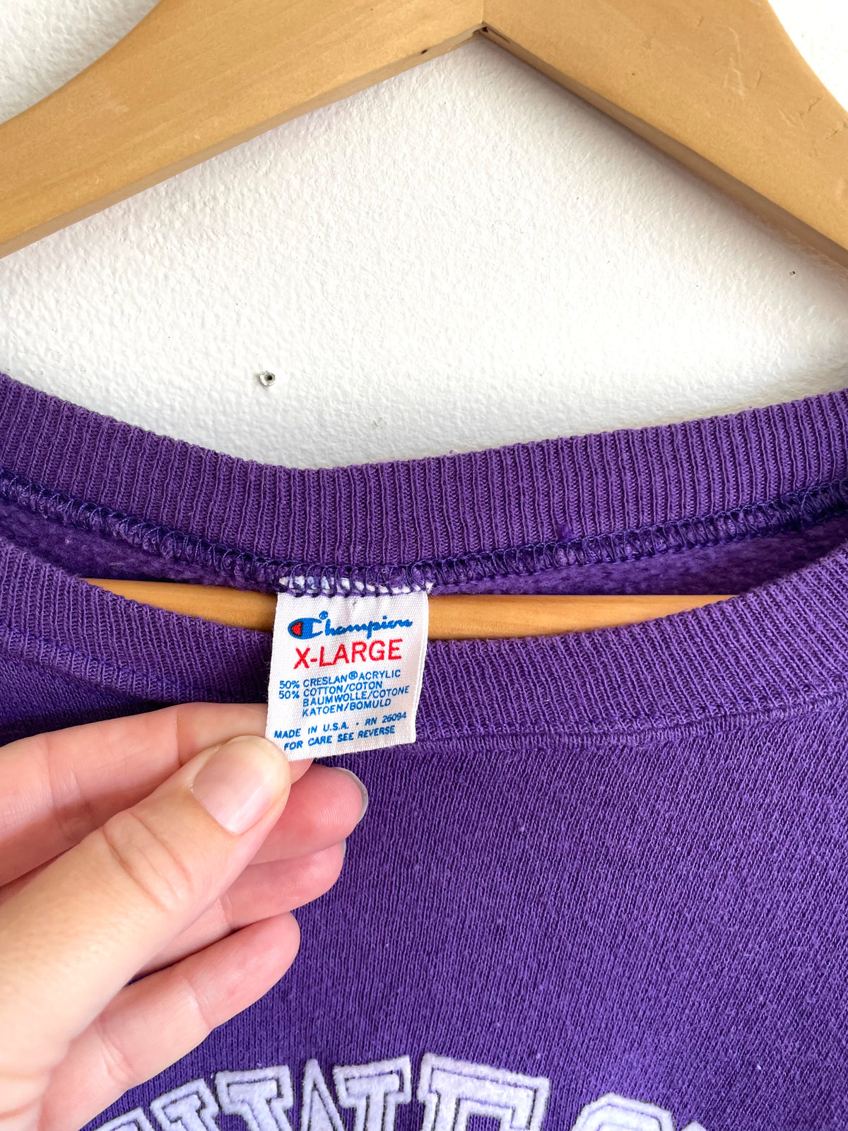 Vintage 1980s Northwestern University Champion Brand Purple Crewneck Sweatshirt with White Velvet Raised Logo - Evanston Illinois - Size XL - Made in USA